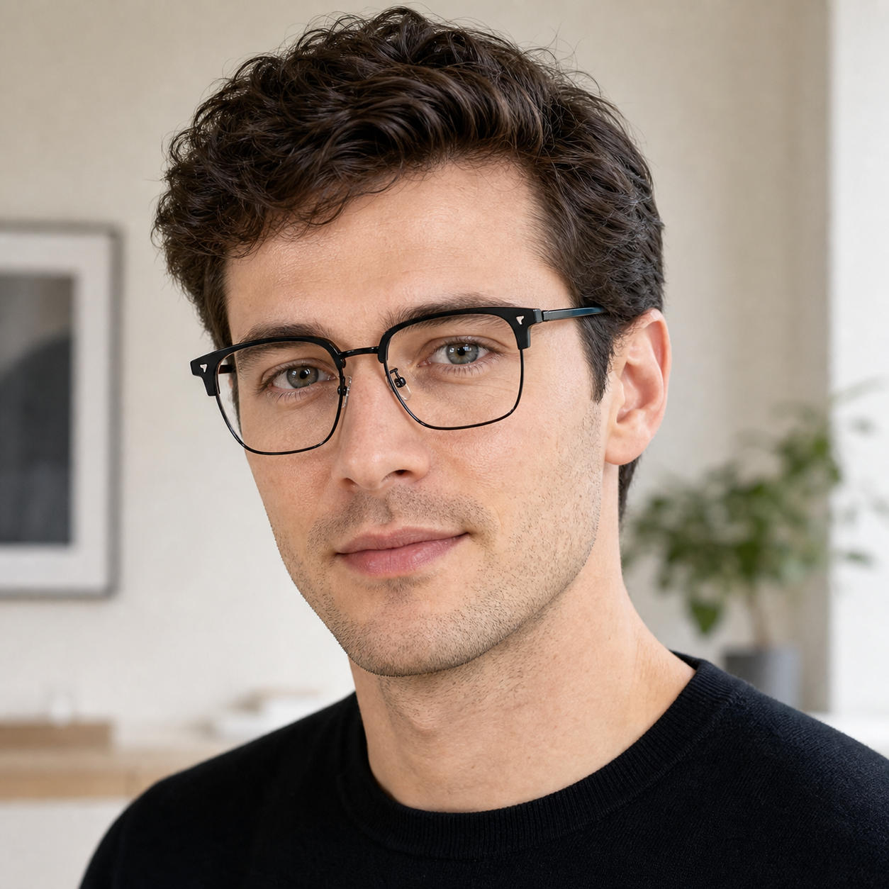 Black eyeglass frame worn by an adult model, view 2