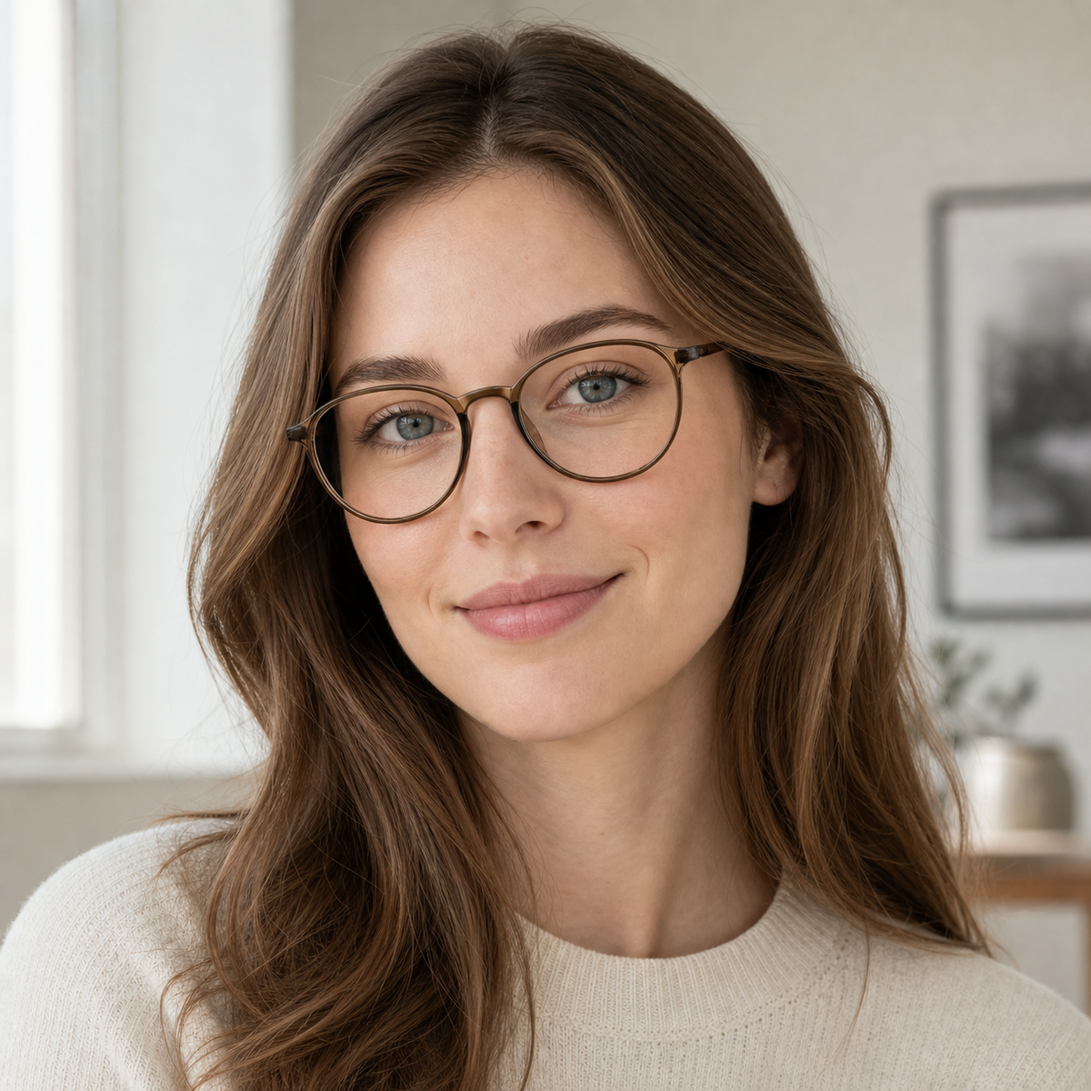 Cool Tea Brown eyeglass frame worn by an adult model, view 2