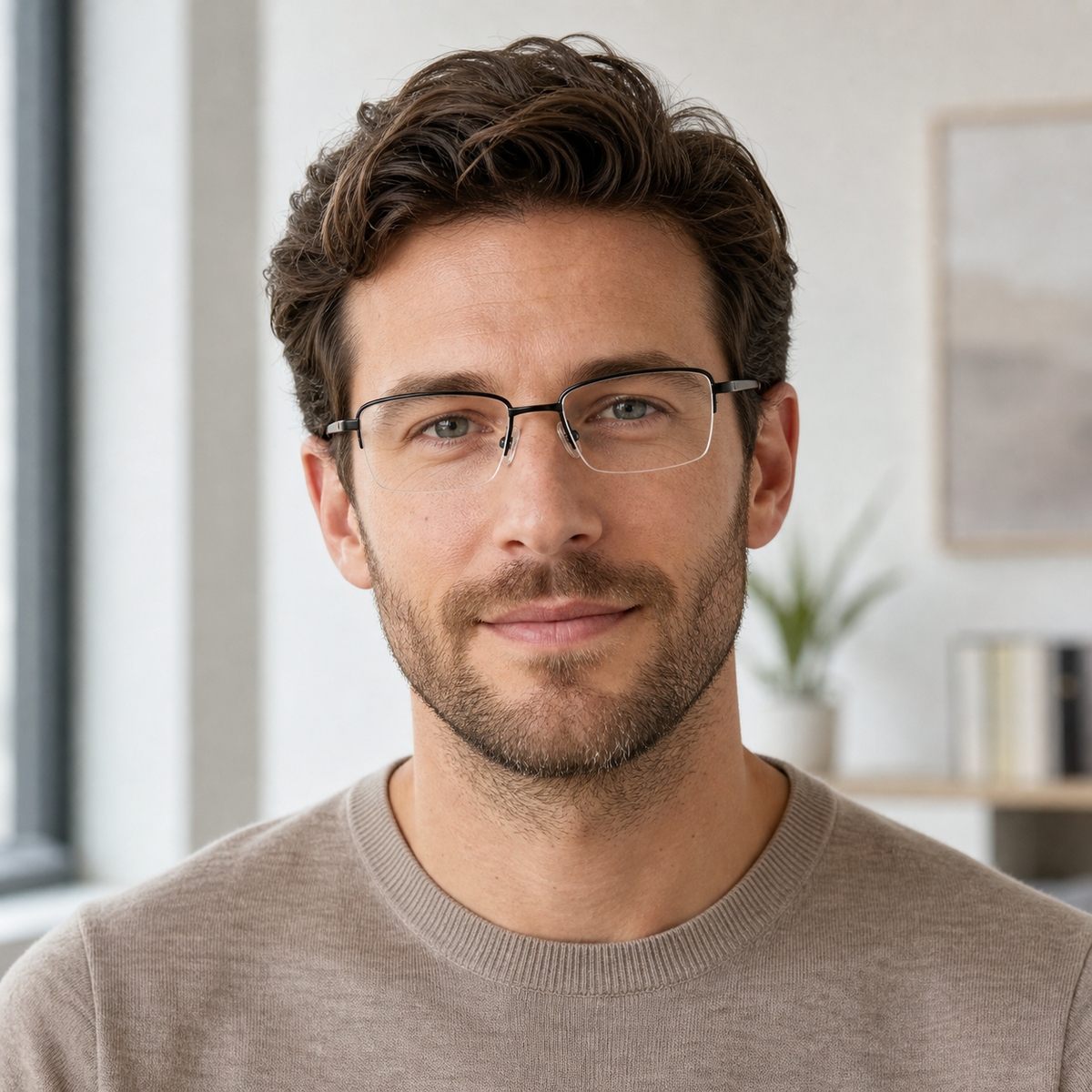 Black eyeglass frame worn by an adult model, view 2