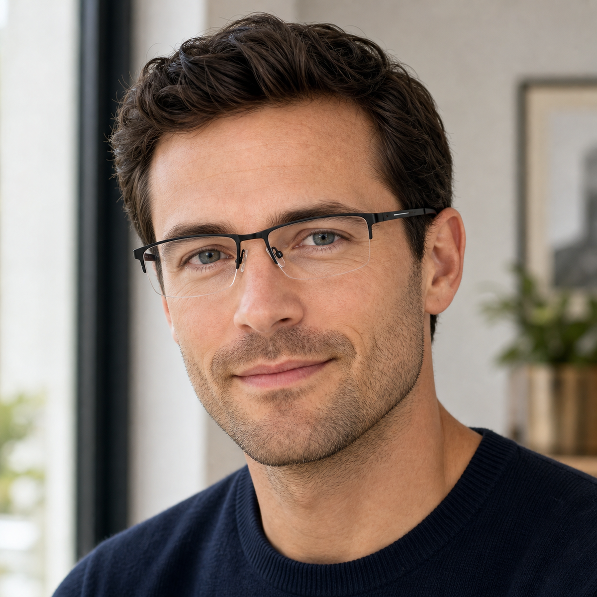 Black eyeglass frame worn by an adult model, view 2