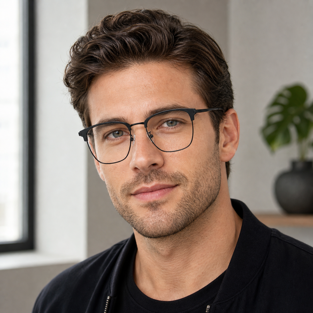 Black eyeglass frame worn by an adult model, view 2
