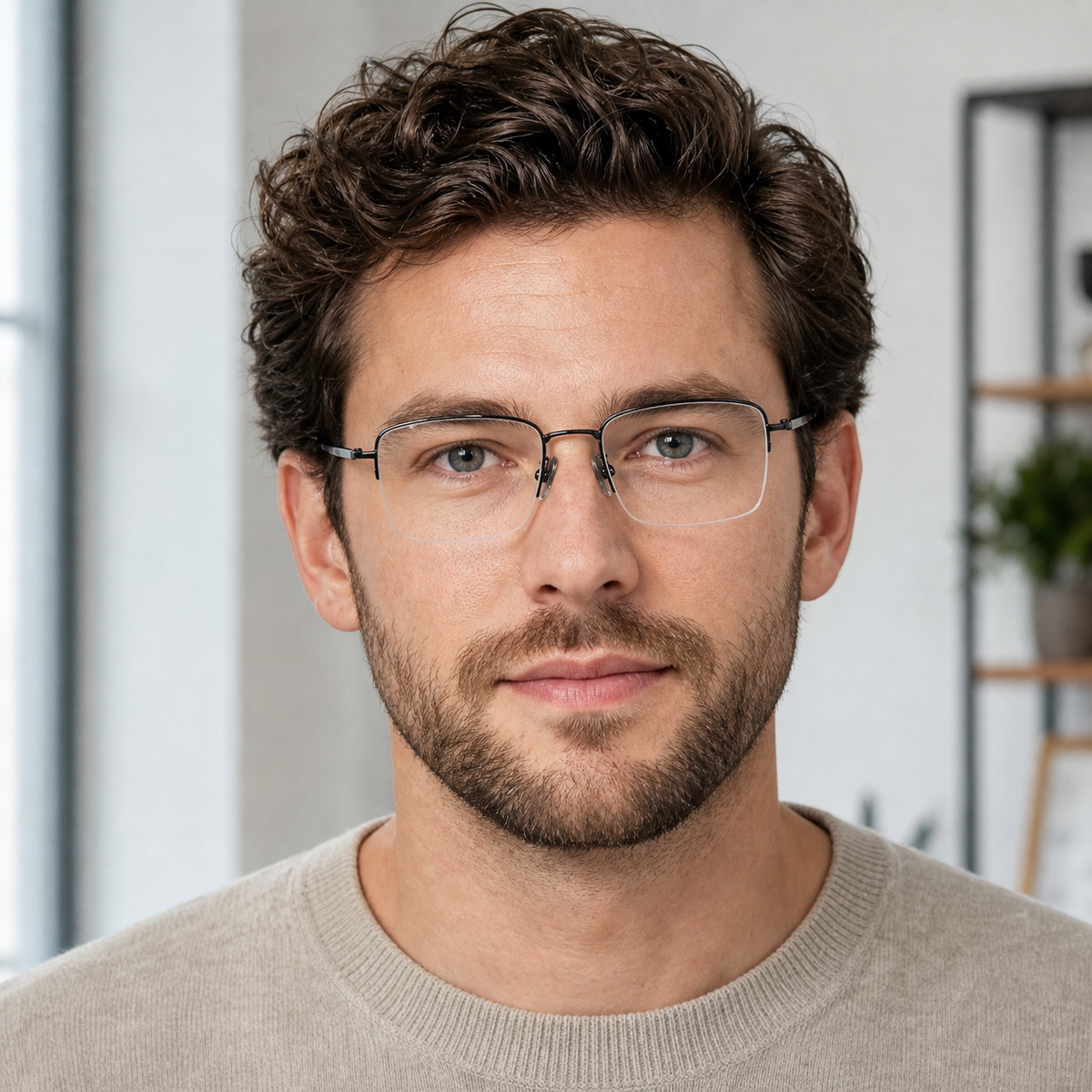 Gunmetal eyeglass frame worn by an adult model, view 2