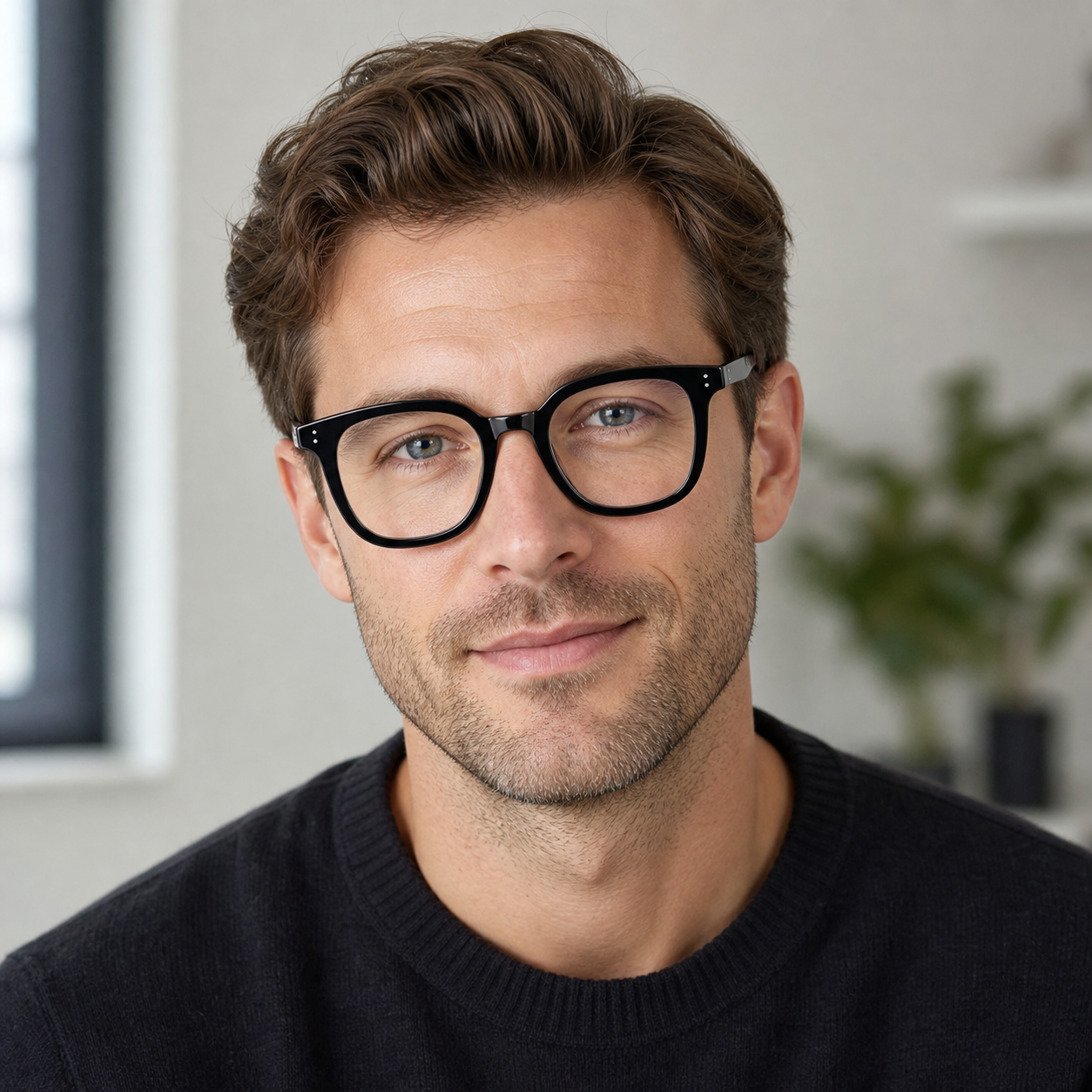 Glossy Black eyeglass frame worn by an adult model, view 2