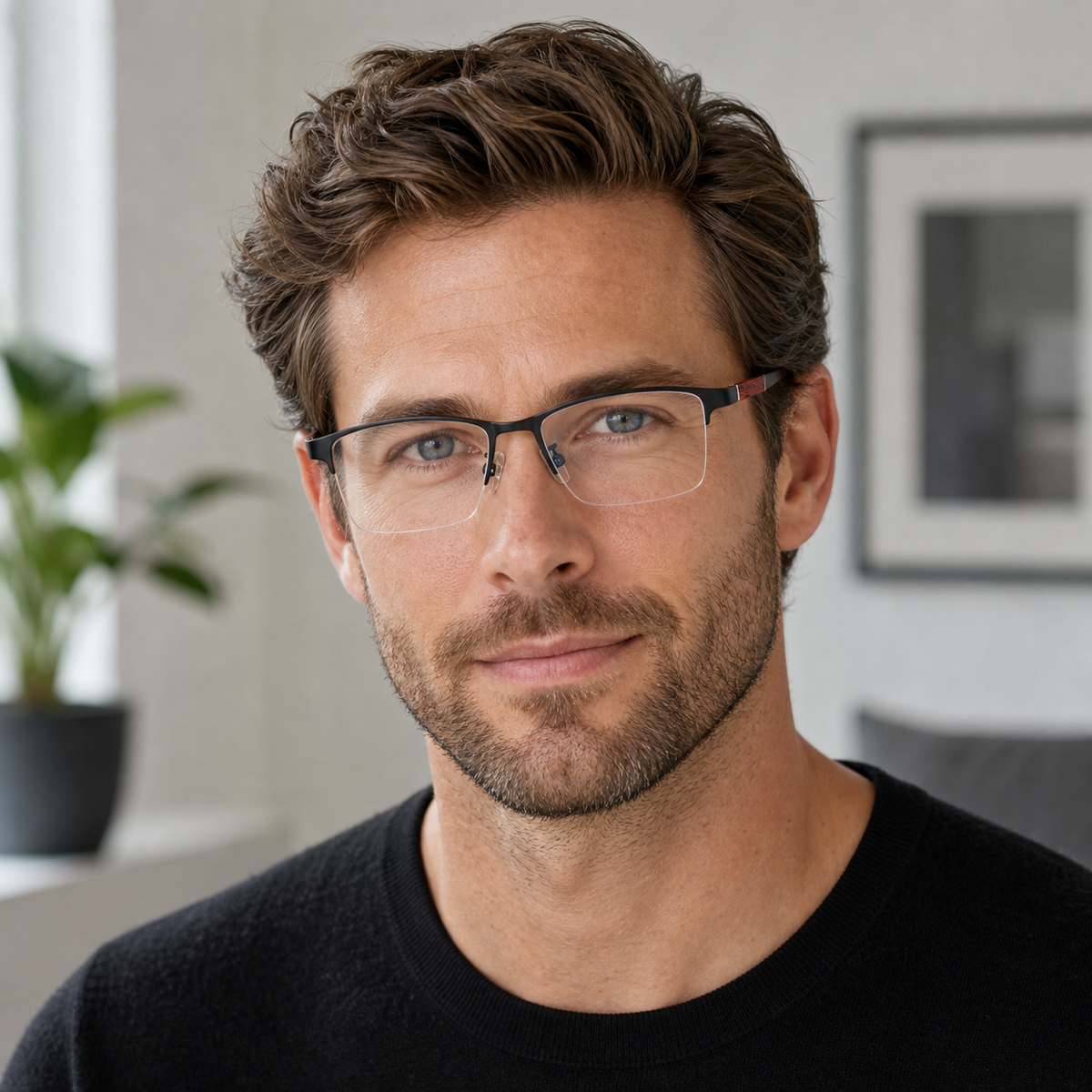 Black eyeglass frame worn by an adult model, view 2