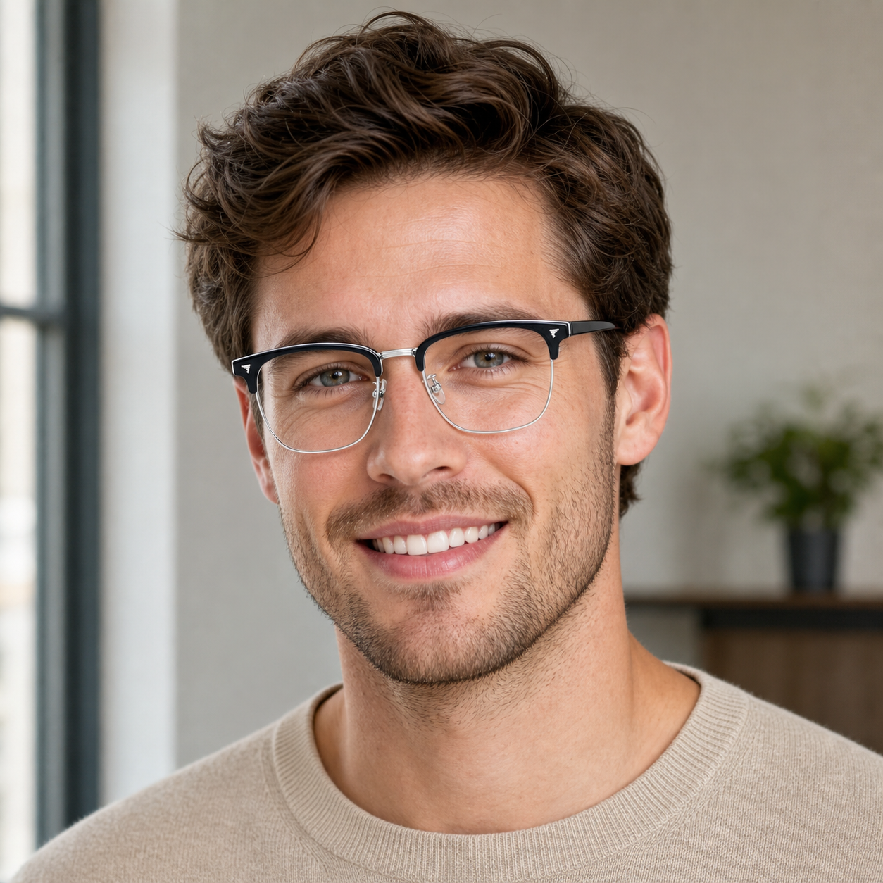 Black/Silver eyeglass frame worn by an adult model, view 2