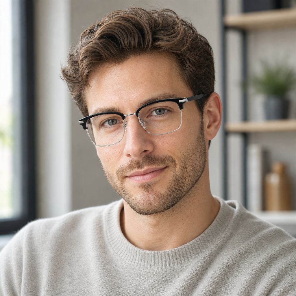 Black/Silver eyeglass frame worn by an adult model, view 2