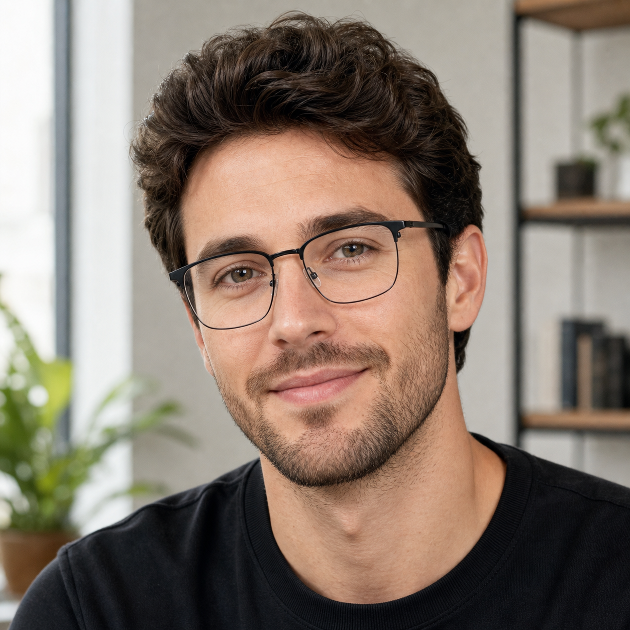 Black eyeglass frame worn by an adult model, view 2