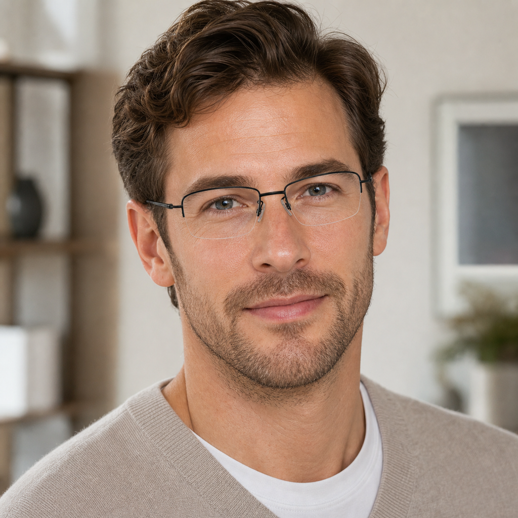 Black eyeglass frame worn by an adult model, view 2
