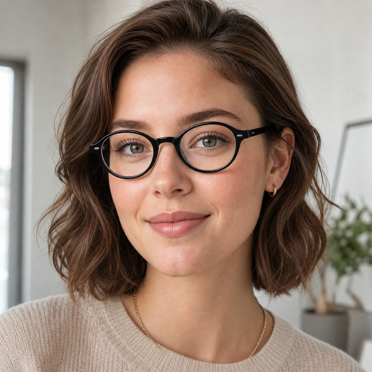 Glossy Black eyeglass frame worn by an adult model, view 2