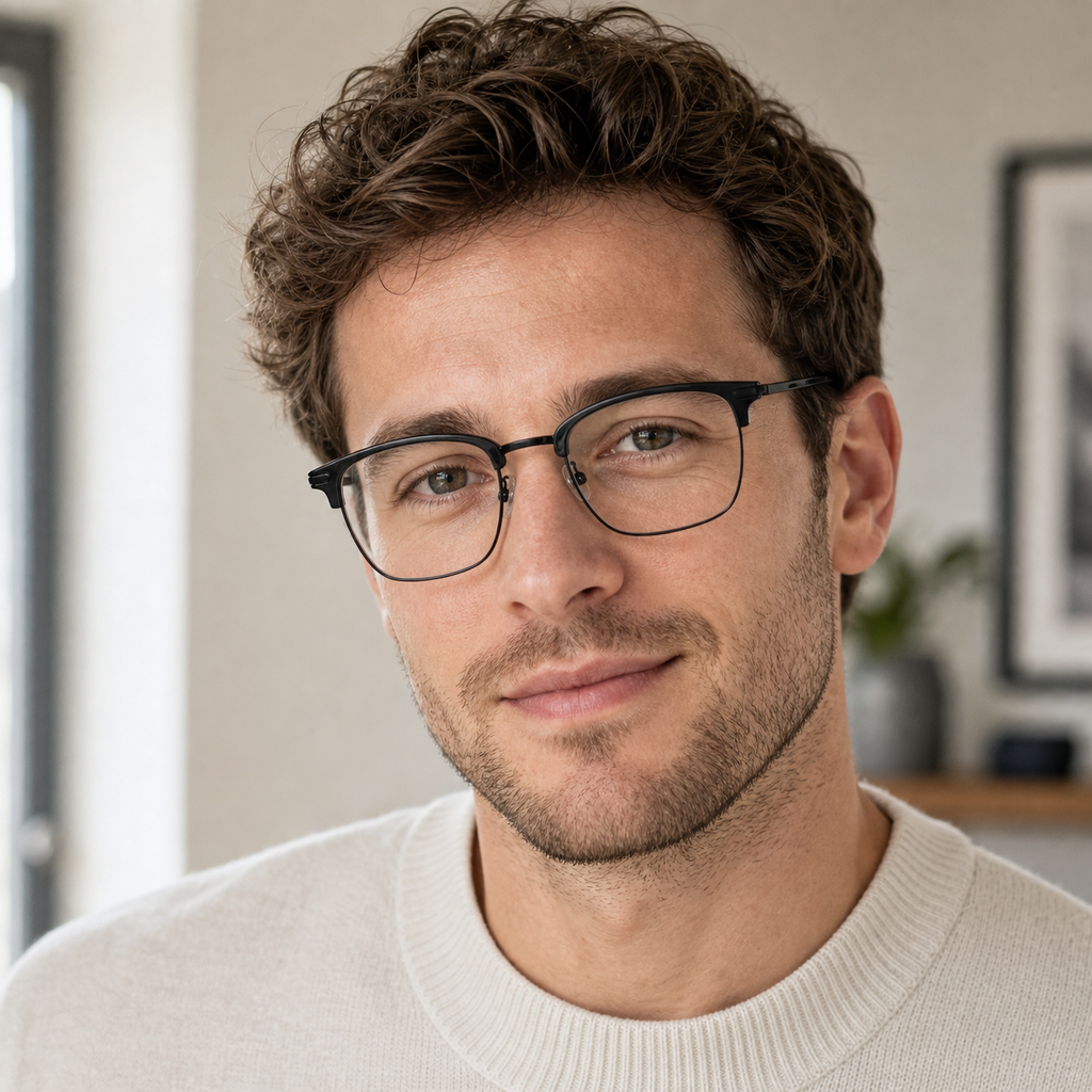 Black eyeglass frame worn by an adult model, view 2
