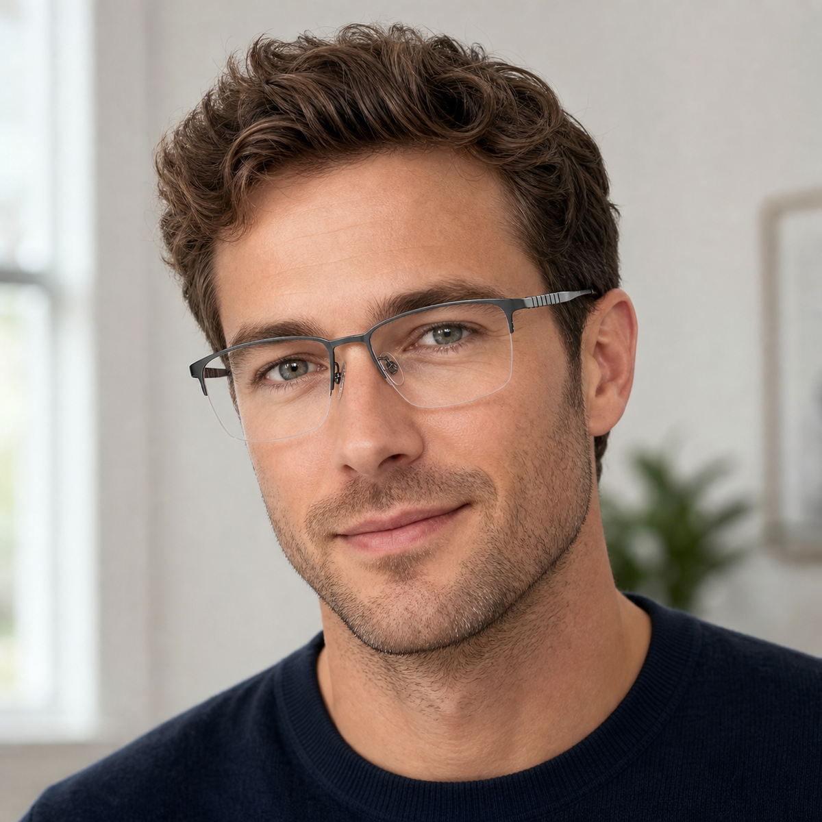 Gunmetal eyeglass frame worn by an adult model, view 2