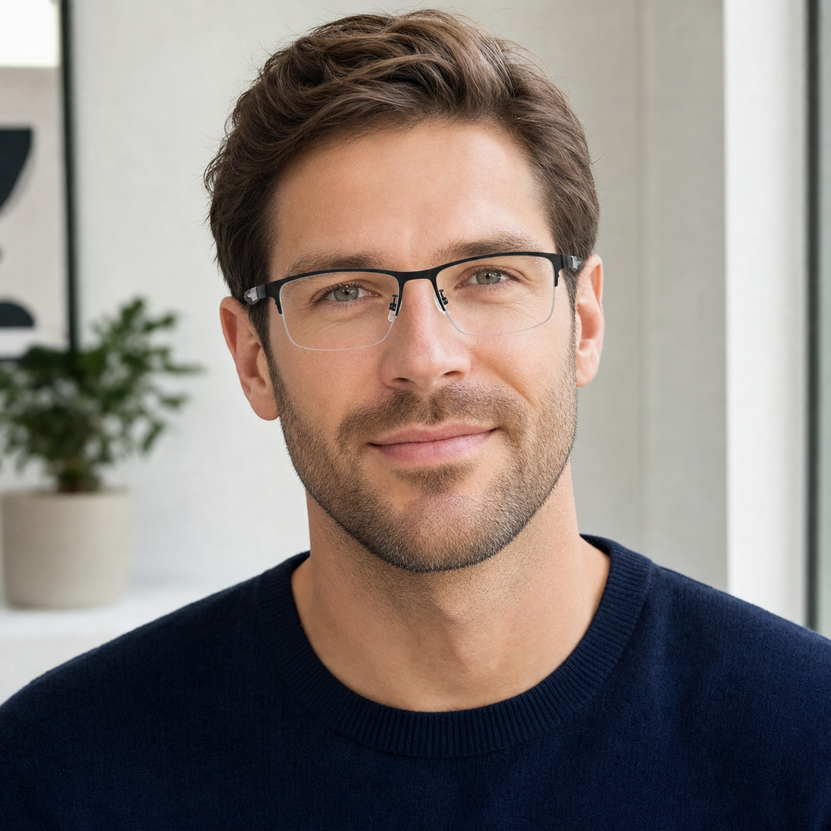 Black eyeglass frame worn by an adult model, view 2