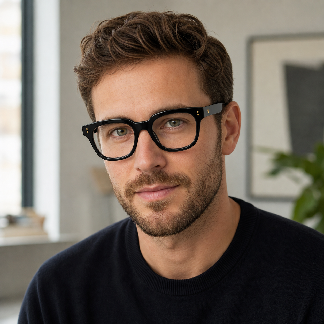 Black eyeglass frame worn by an adult model, view 2