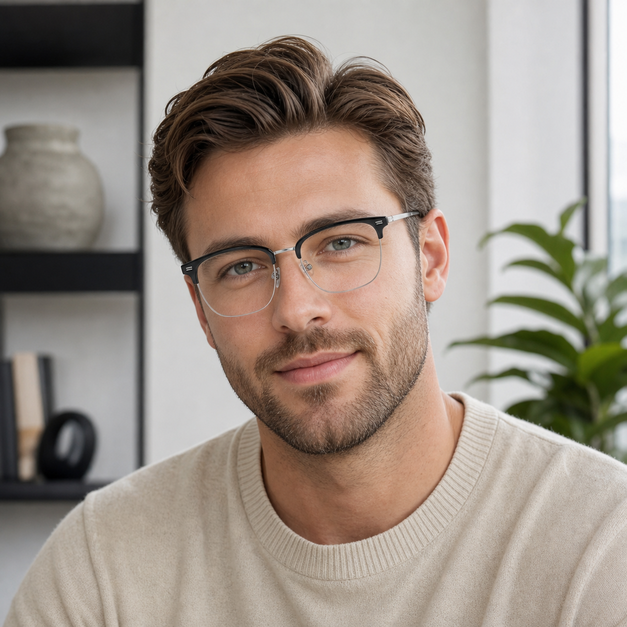 Black/Silver eyeglass frame worn by an adult model, view 2