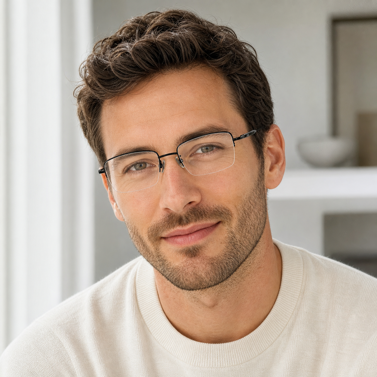Black eyeglass frame worn by an adult model, view 2