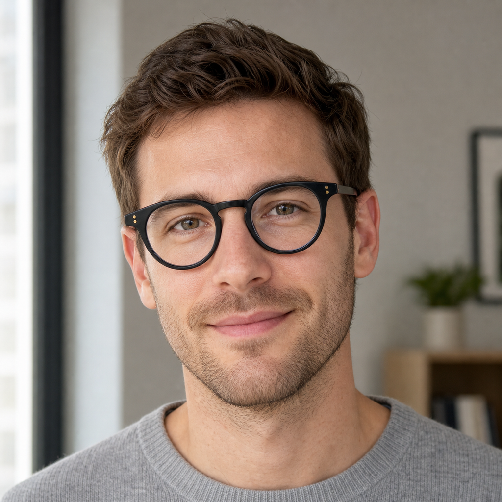 Black eyeglass frame worn by an adult model, view 2