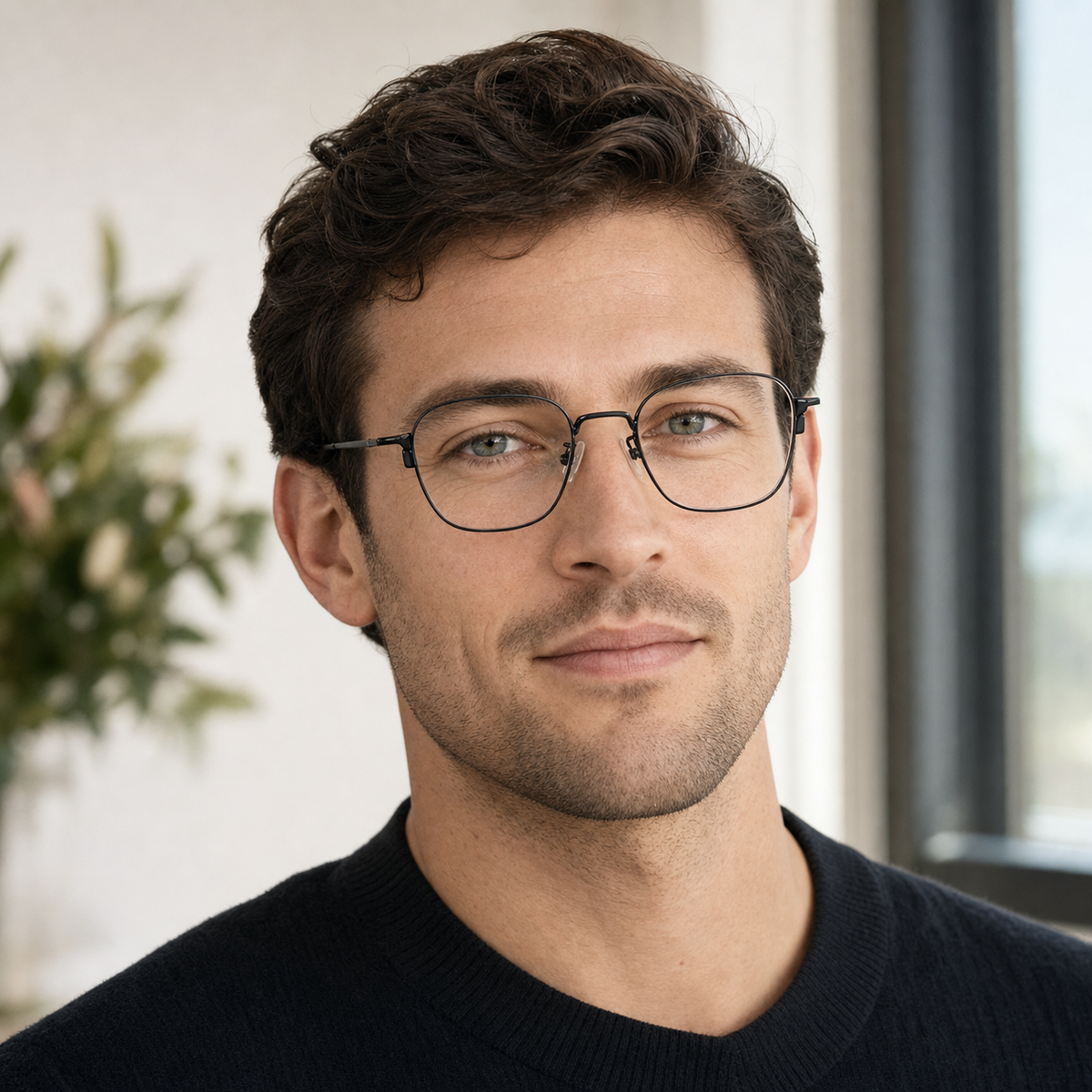 Black eyeglass frame worn by an adult model, view 2