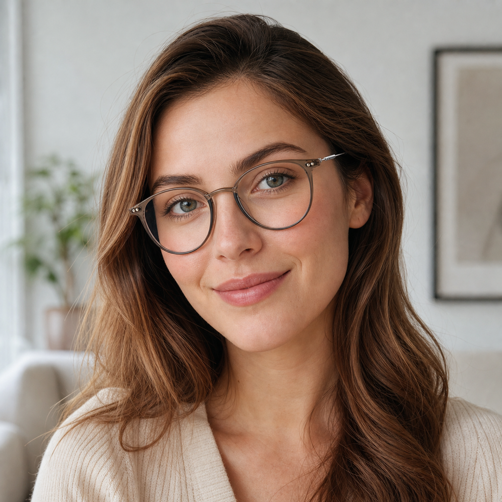 Cool Tea Brown eyeglass frame worn by an adult model, view 2