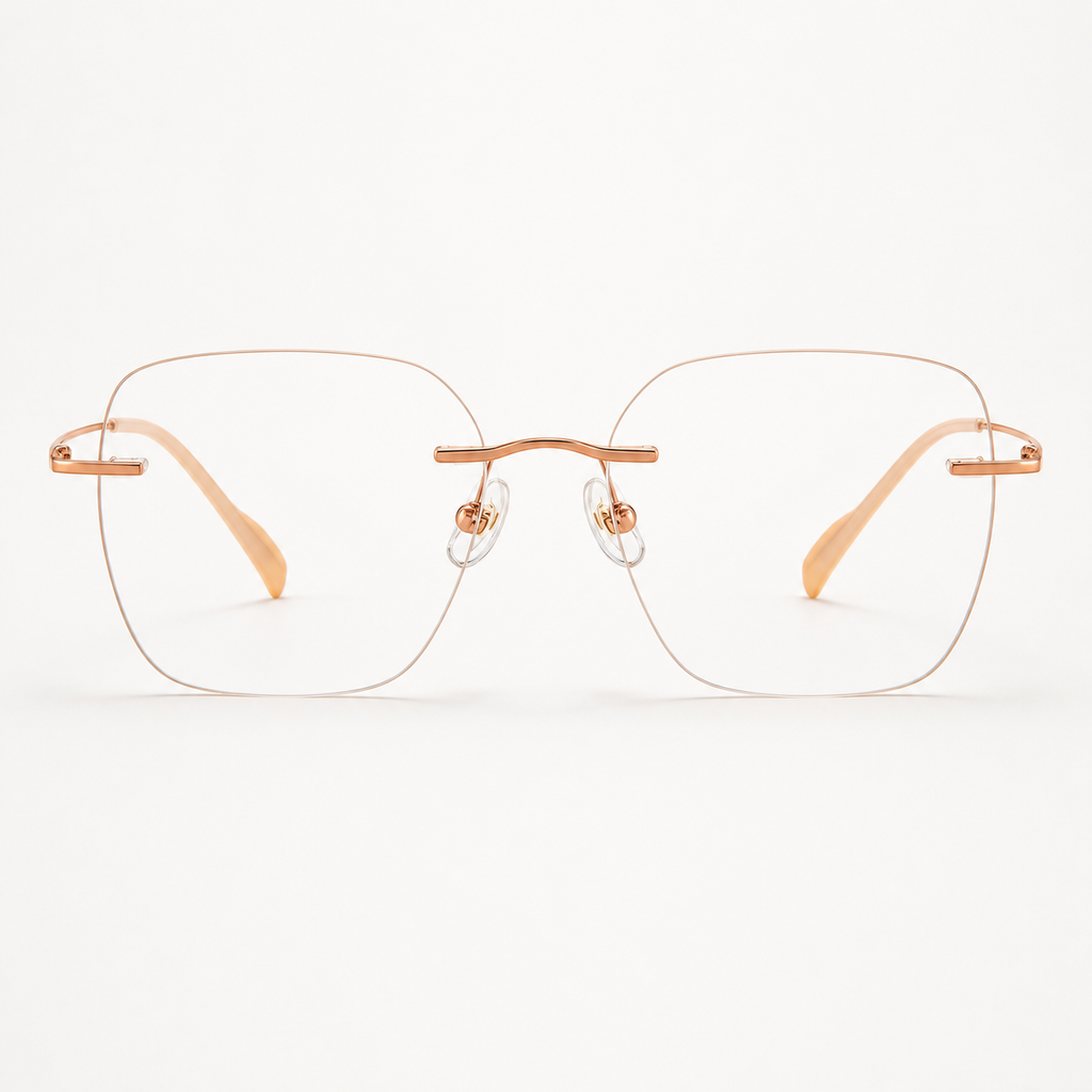 Rose Gold pure titanium rimless soft-square eyeglasses, straight-on product view