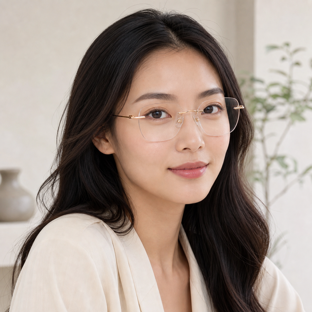 Rose Gold pure titanium rimless soft-square eyeglasses, three-quarter adult model fit