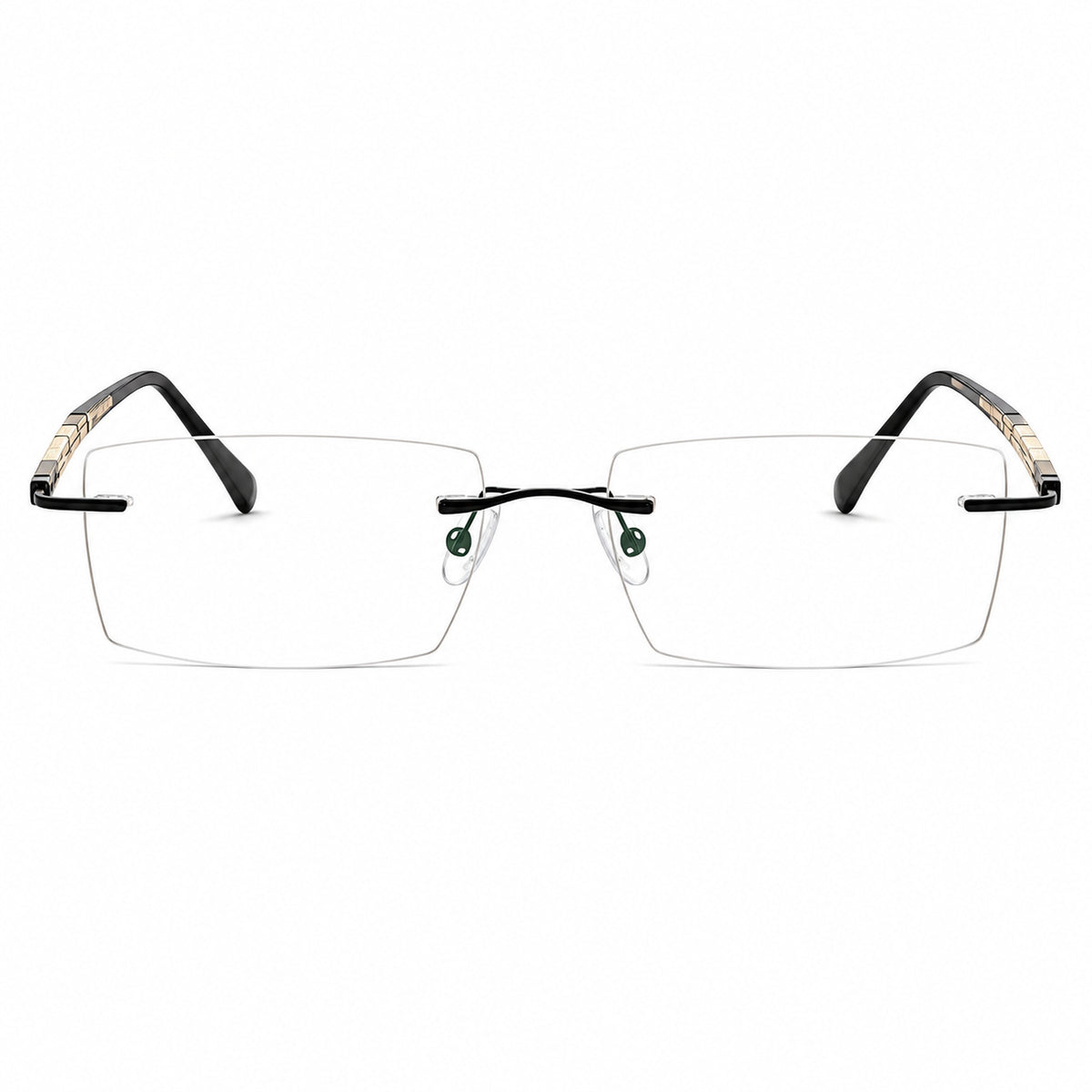 Black and Gold unisex alloy rimless rectangular segmented-temple glasses, front product view