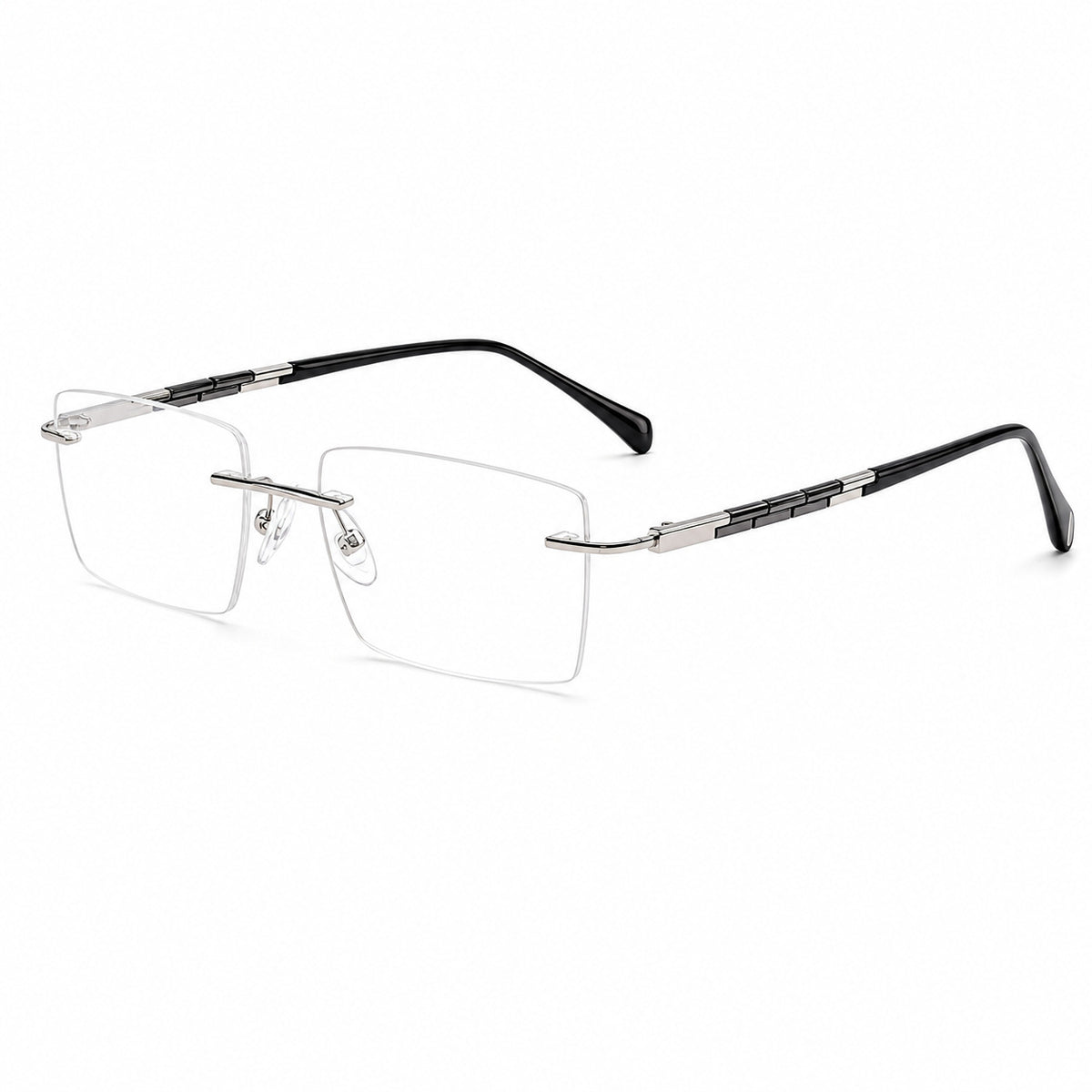 Black and Silver unisex alloy rimless rectangular segmented-temple glasses, 45-degree product view