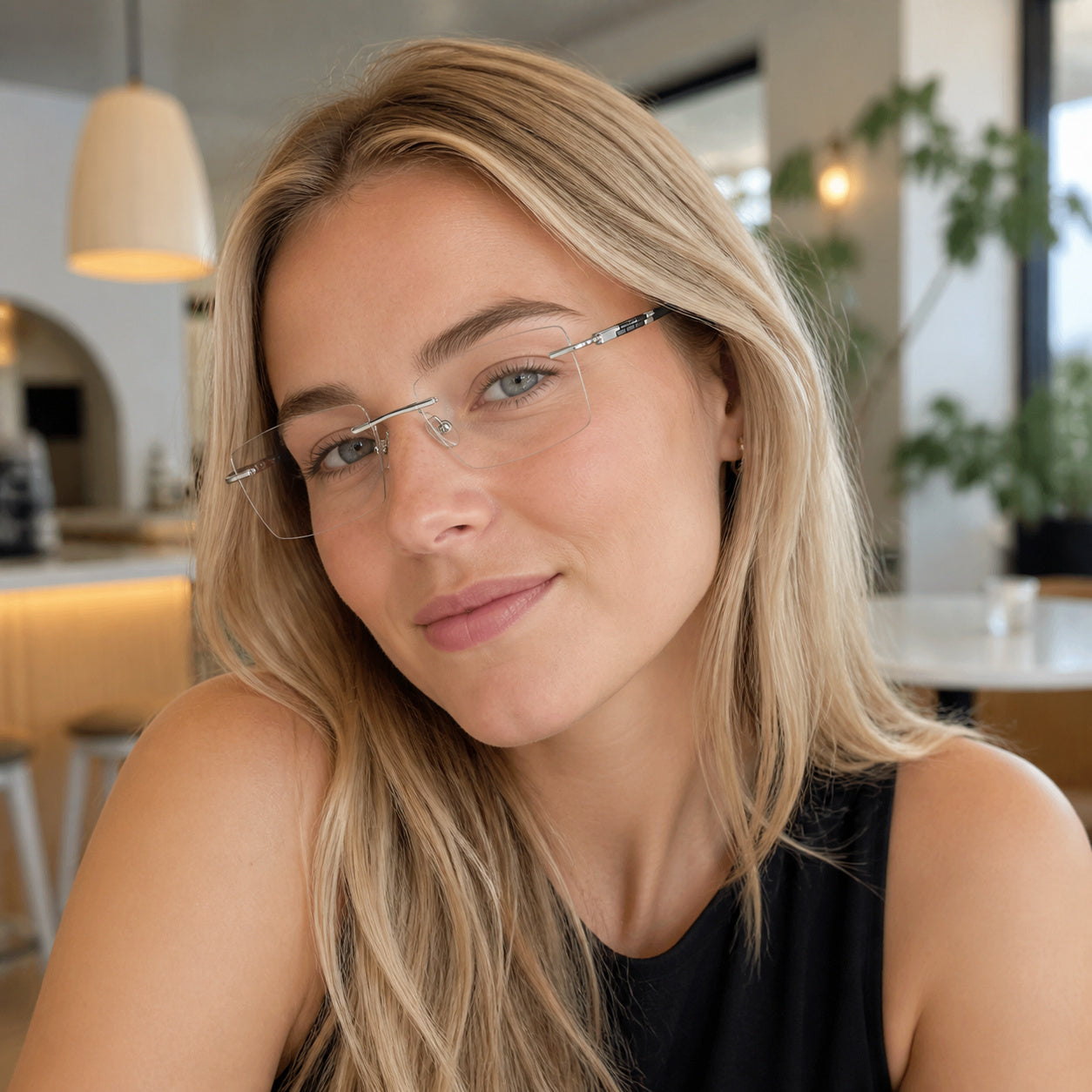 Black and Silver rimless rectangular glasses worn by a young adult White woman in a cafe