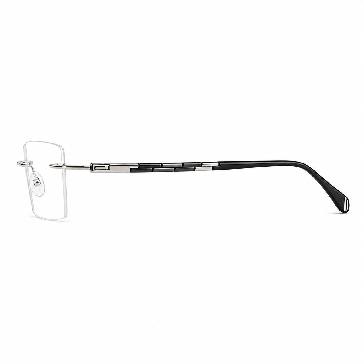 Black and Silver unisex alloy rimless rectangular segmented-temple glasses, side product view