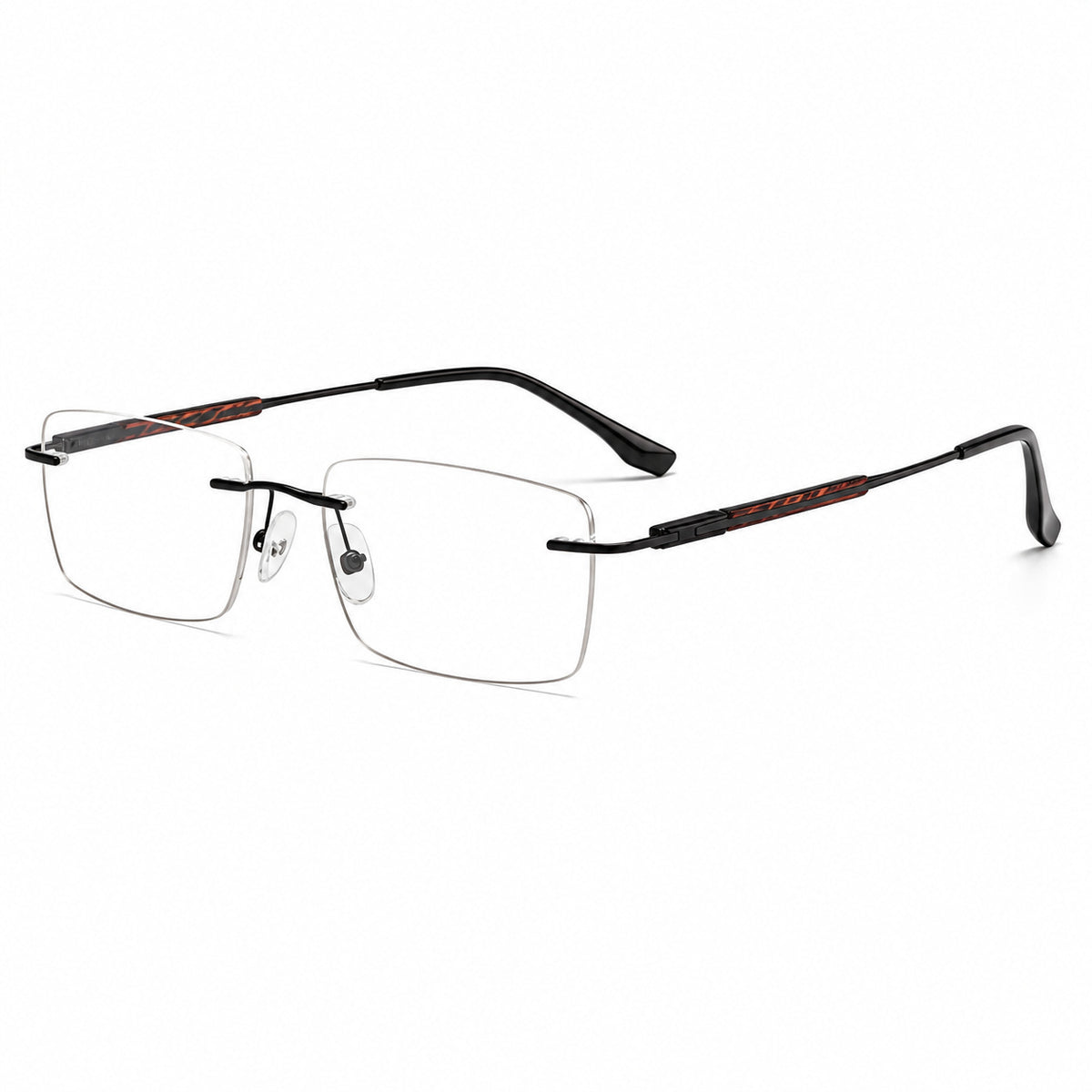 Black men's alloy rimless rectangular inlay-temple glasses, 45-degree product view
