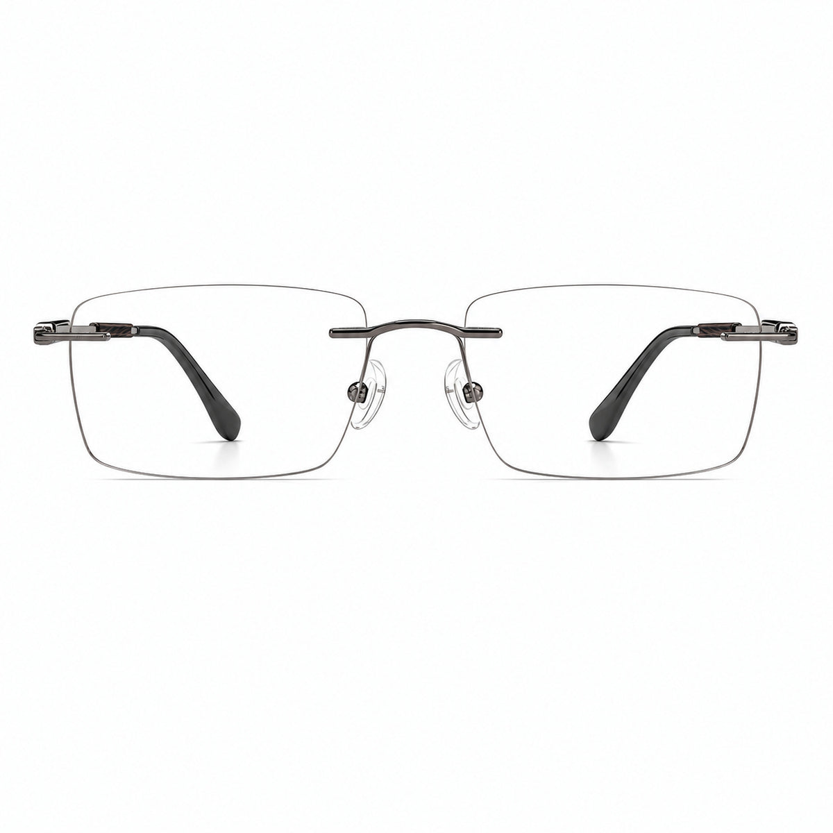 Gunmetal men's alloy rimless rectangular inlay-temple glasses, front product view
