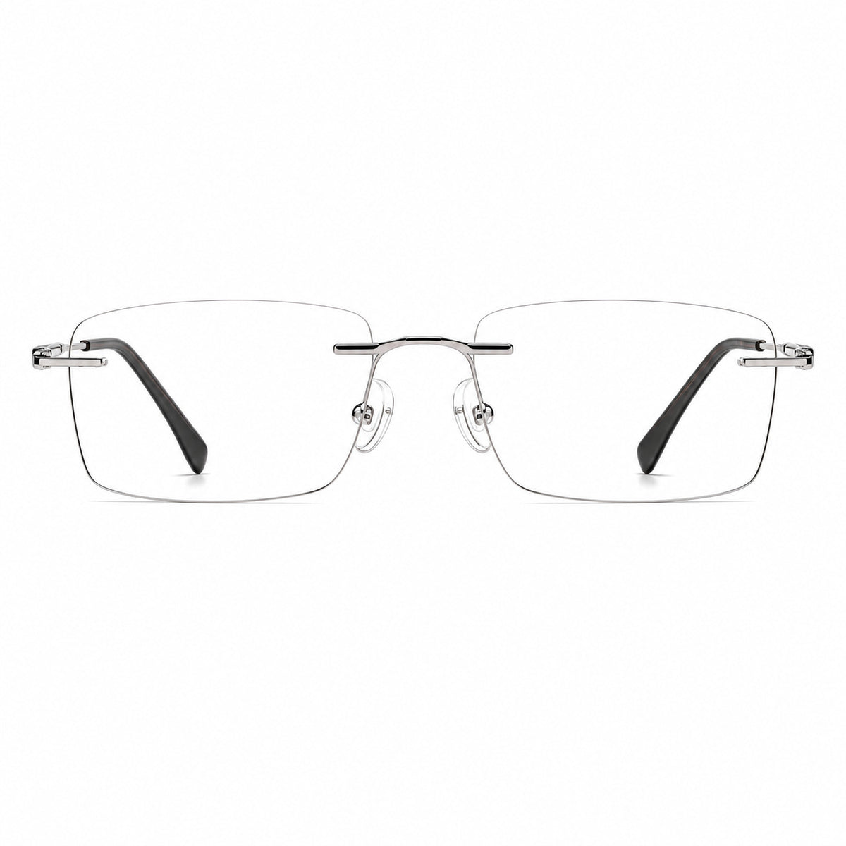 Silver men's alloy rimless rectangular inlay-temple glasses, front product view
