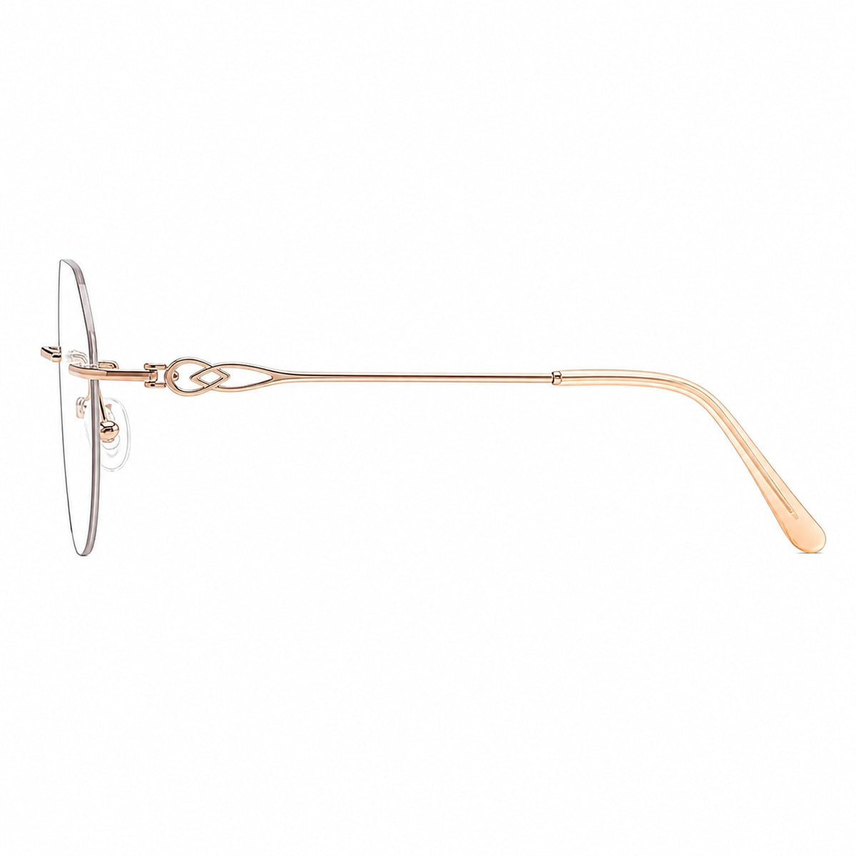 Rose Gold women's alloy rimless geometric filigree-temple glasses, side product view