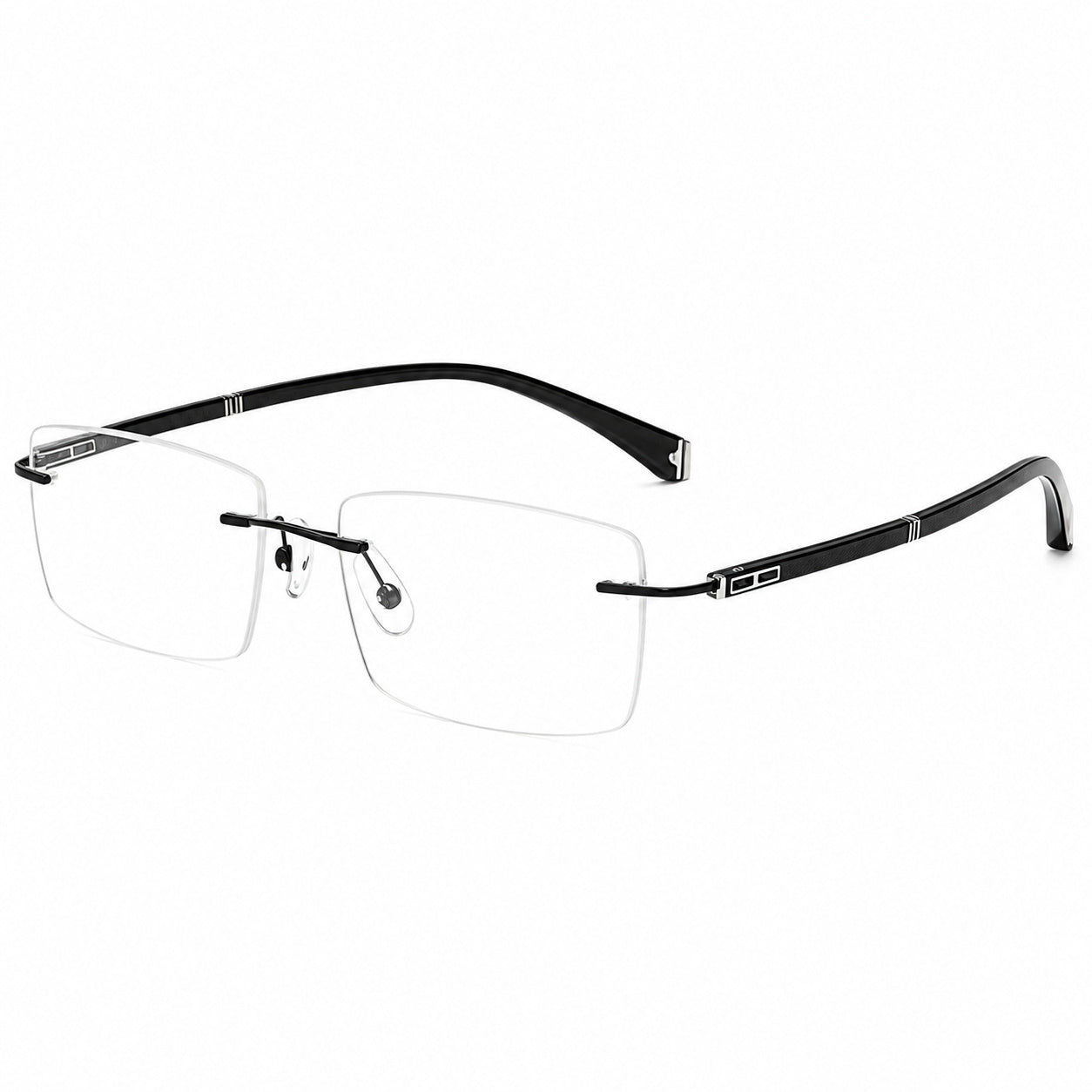 Black men's alloy rimless rectangular double-slot-temple glasses, 45-degree product view