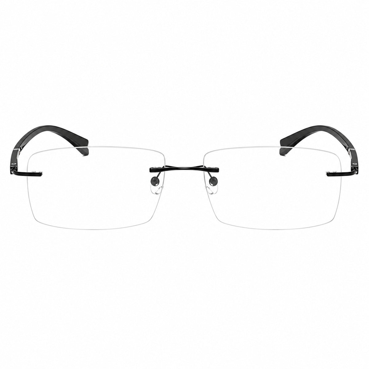Black men's alloy rimless rectangular double-slot-temple glasses, front product view
