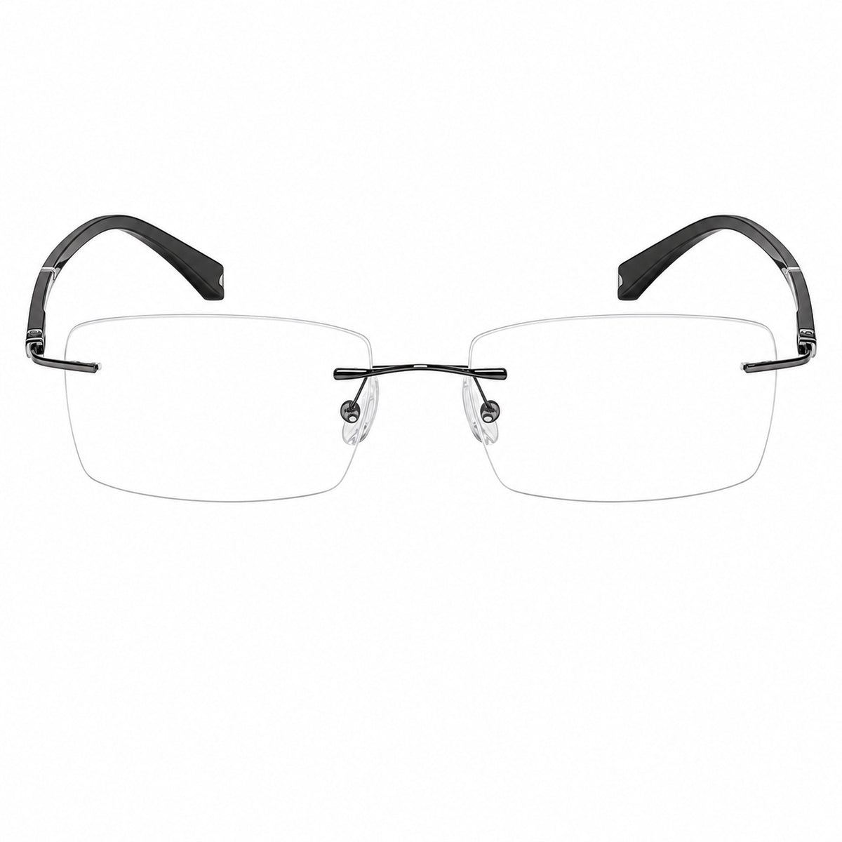 Gunmetal men's alloy rimless rectangular double-slot-temple glasses, front product view