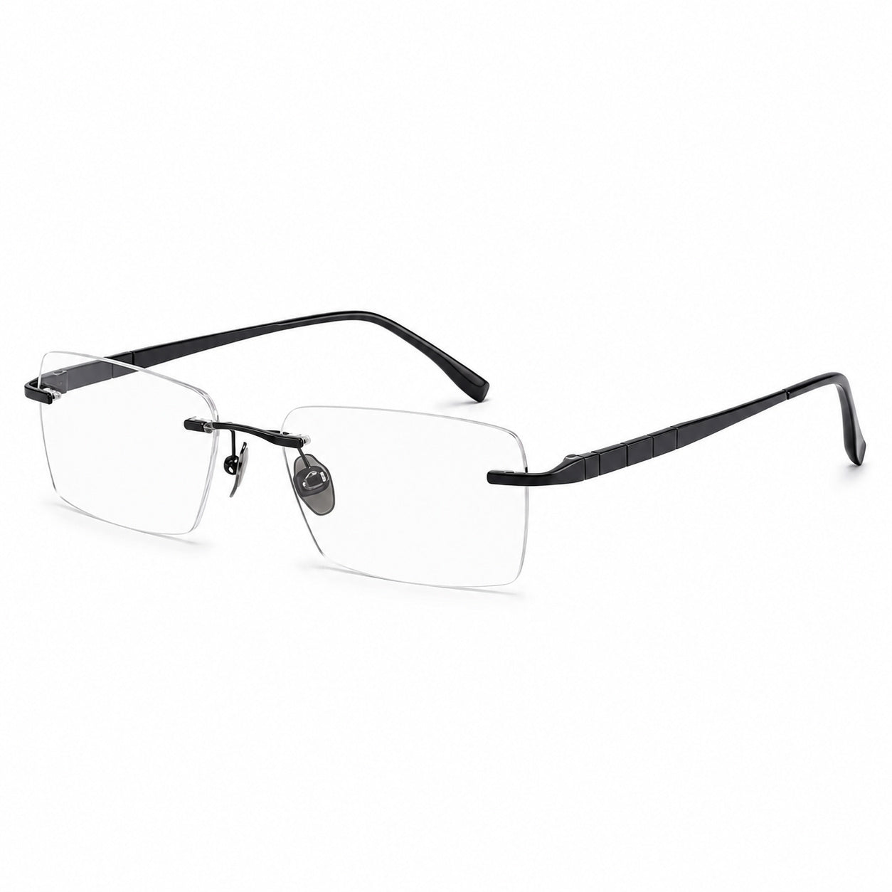 Black men's pure-titanium rimless rectangular segmented-temple glasses, 45-degree product view