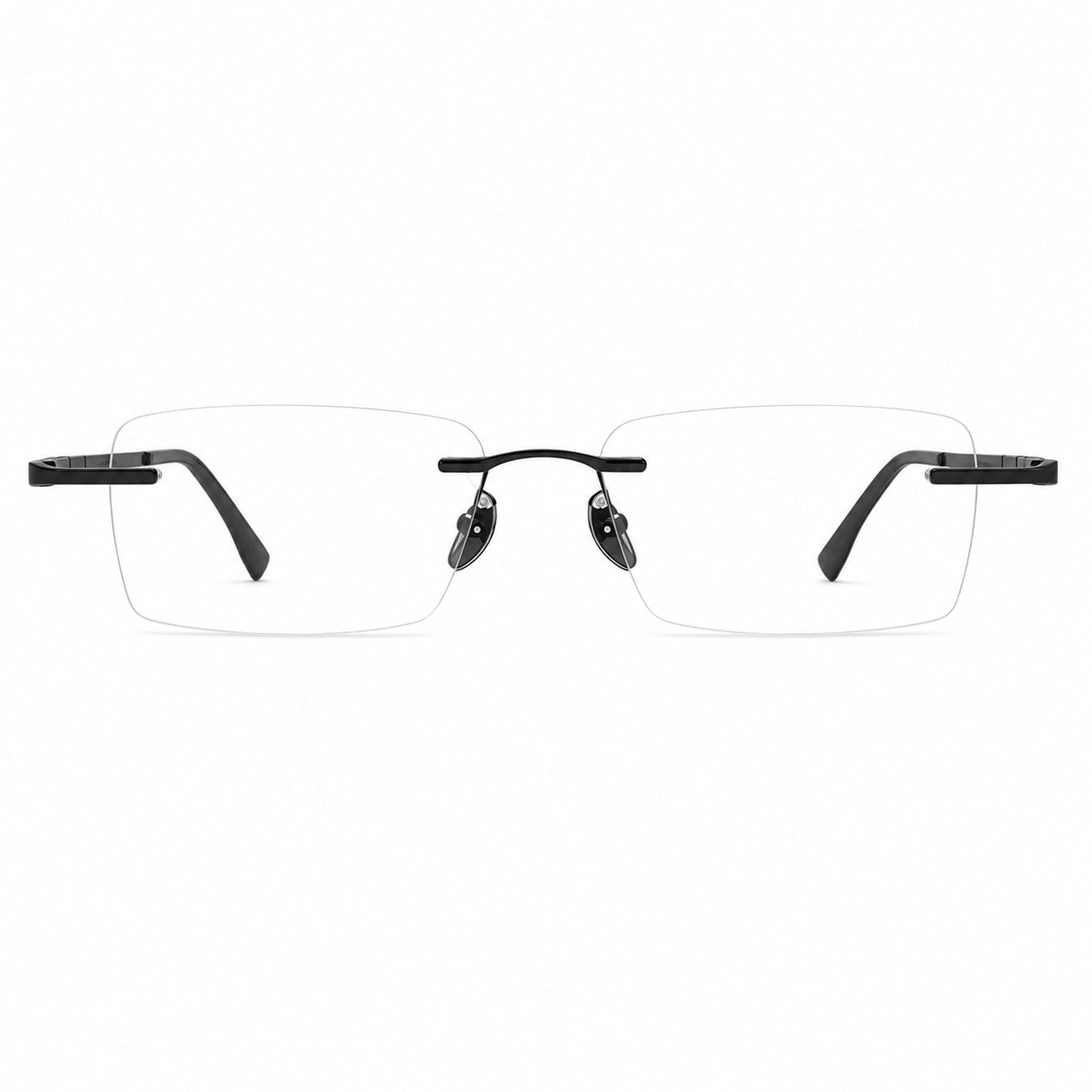 Black men's pure-titanium rimless rectangular segmented-temple glasses, front product view
