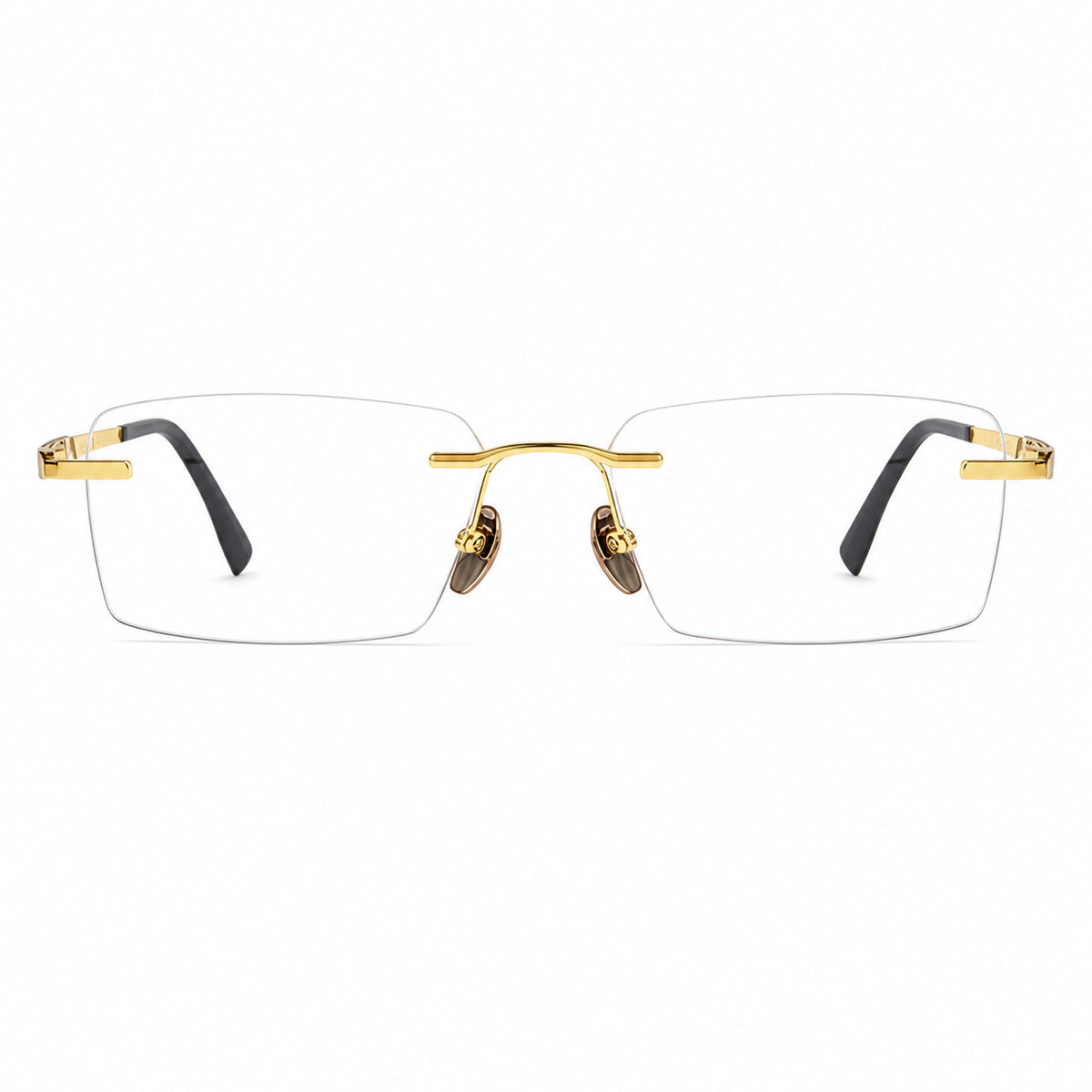 Gold men's pure-titanium rimless rectangular segmented-temple glasses, front product view