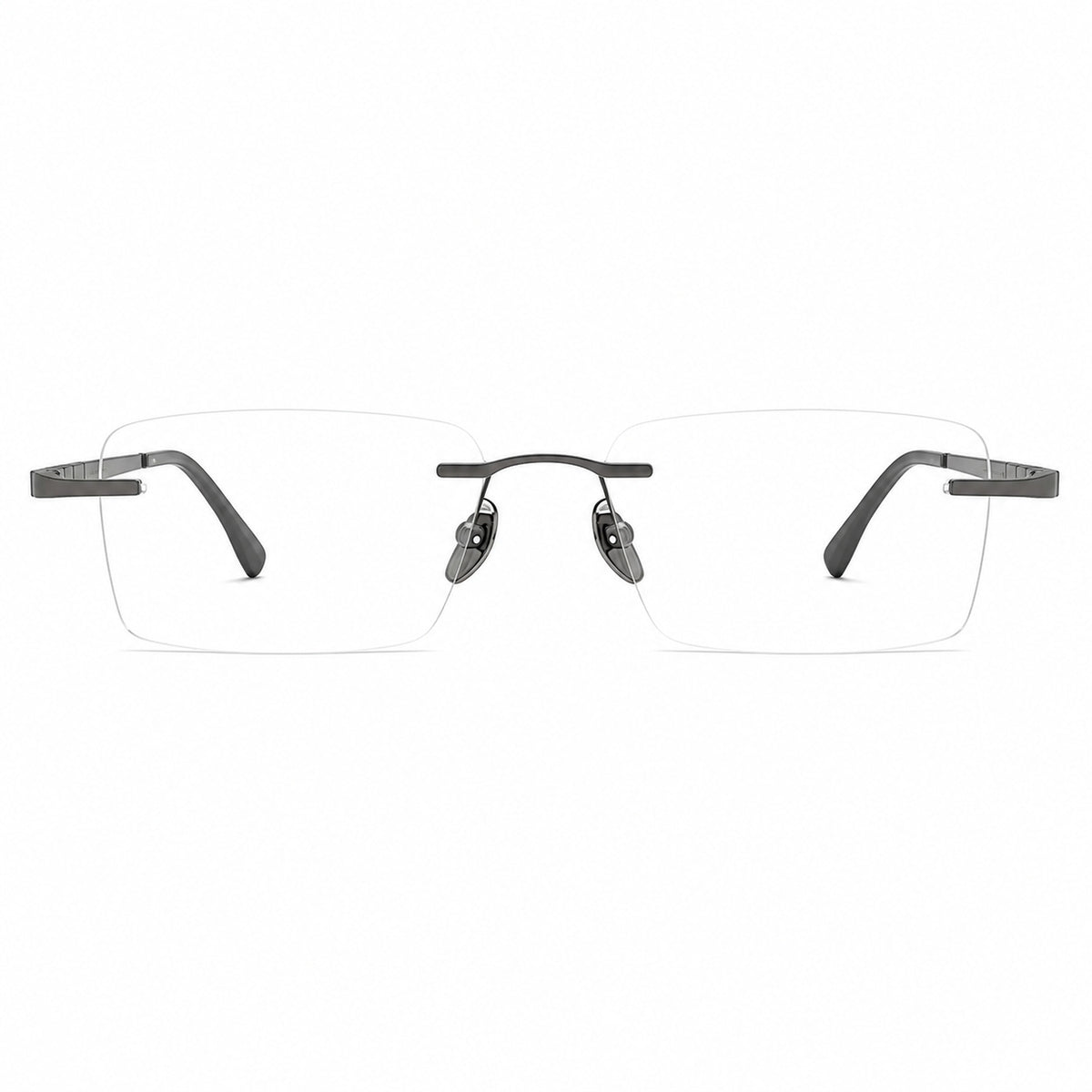 Gunmetal men's pure-titanium rimless rectangular segmented-temple glasses, front product view