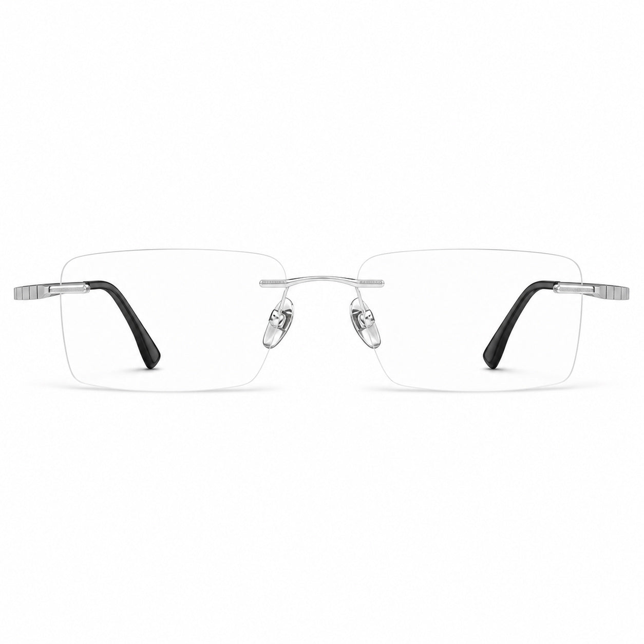 Silver men's pure-titanium rimless rectangular segmented-temple glasses, front product view