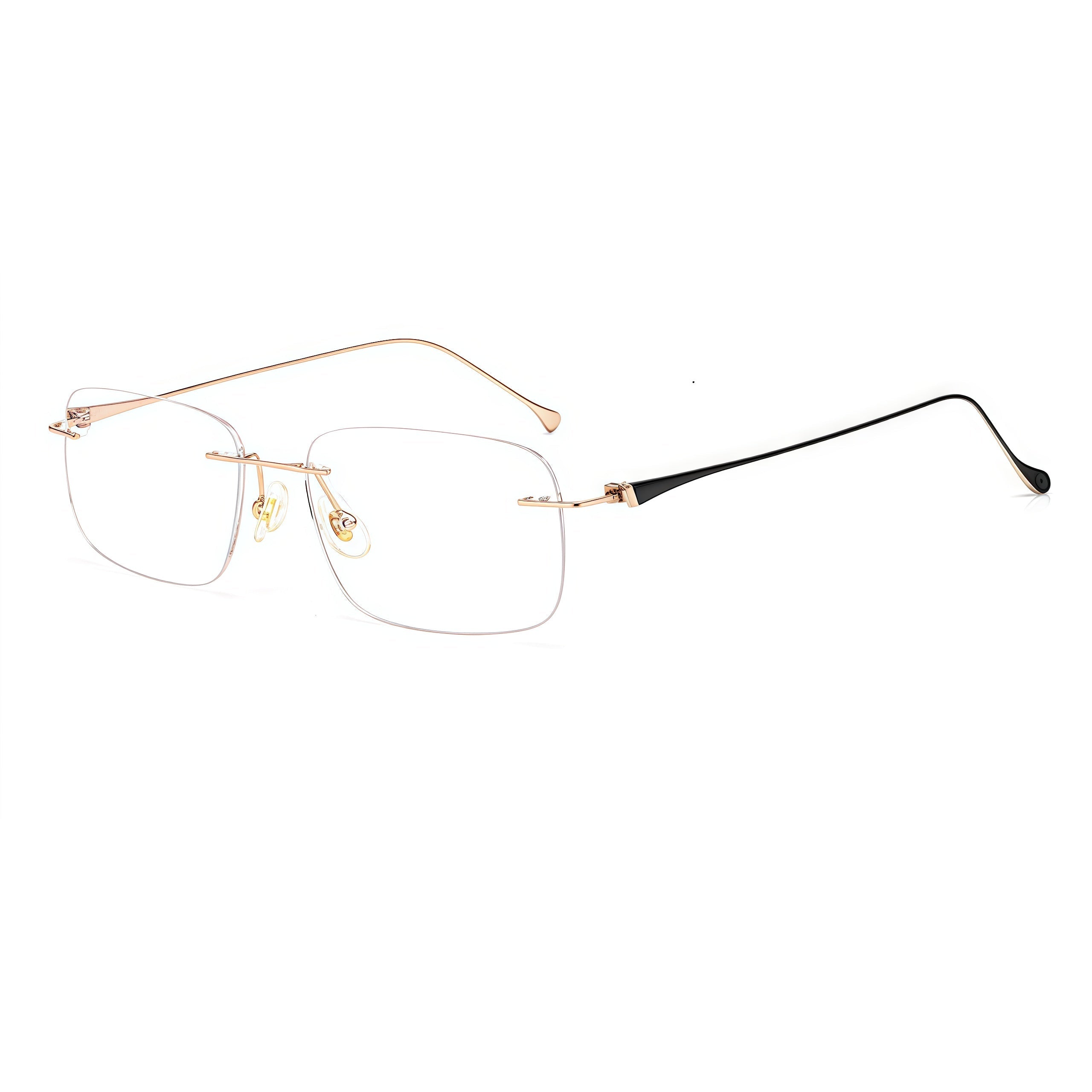 Rose Gold/Black women's lightweight titanium rimless rectangular glasses, 45-degree product view
