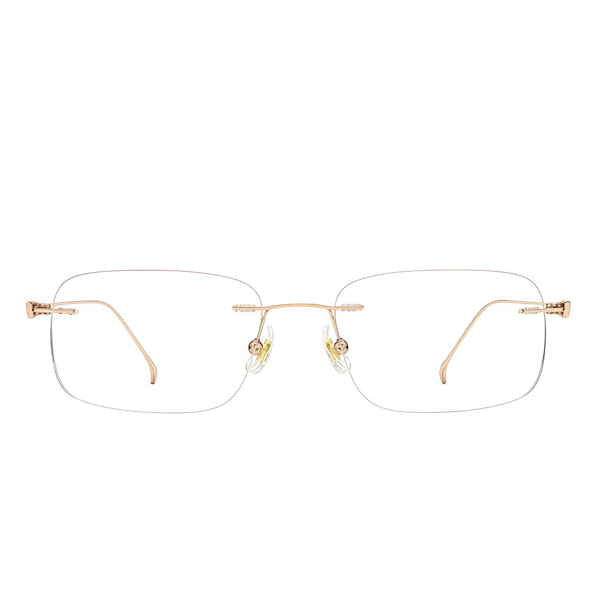 Rose Gold/Black women's lightweight titanium rimless rectangular glasses, front product view