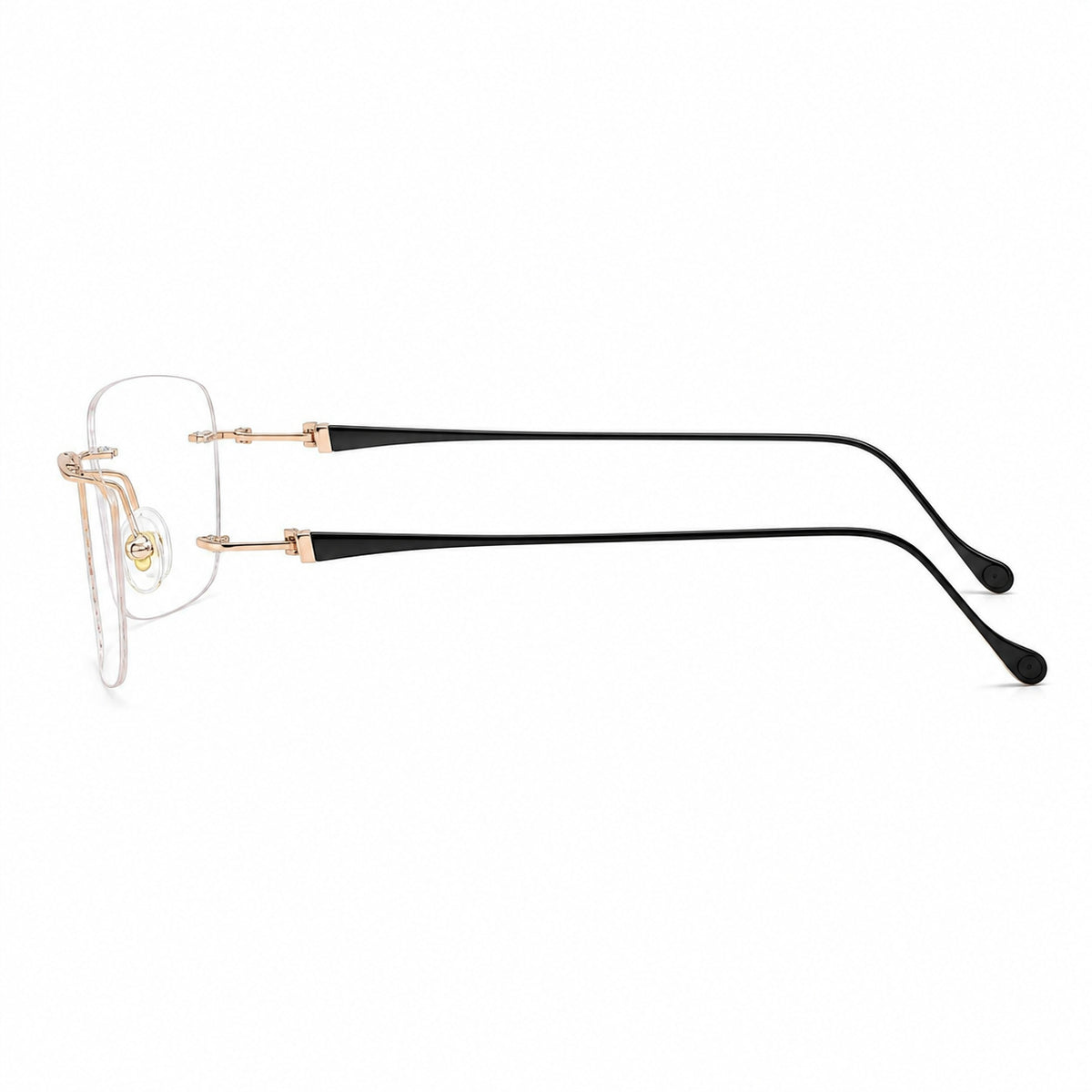 Rose Gold/Black women's lightweight titanium rimless rectangular glasses, side product view