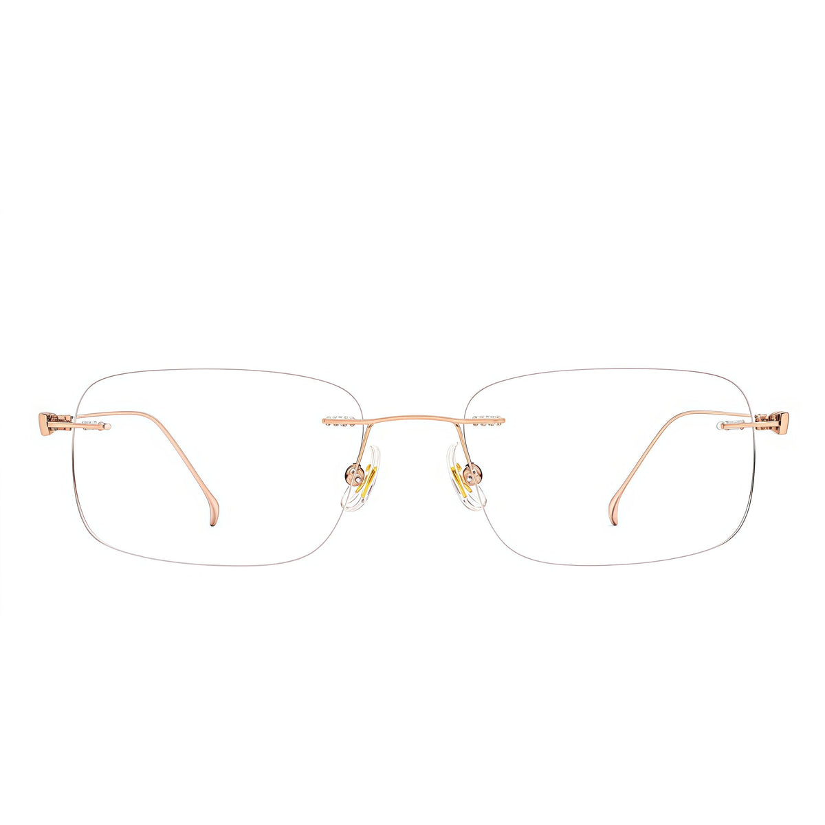Rose Gold/Pink women's lightweight titanium rimless rectangular glasses, front product view