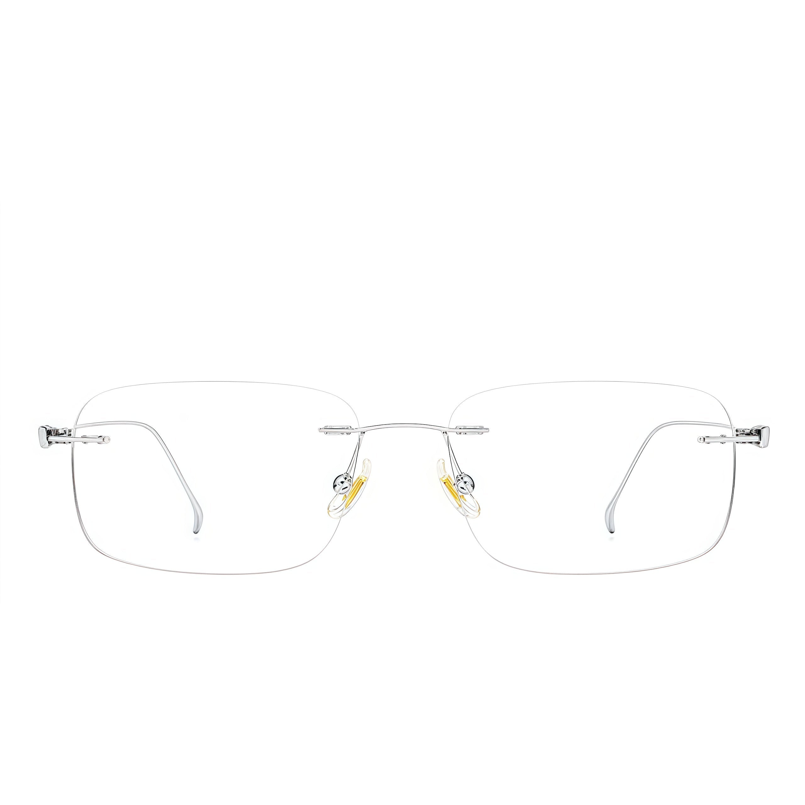 Silver women's lightweight titanium rimless rectangular glasses, front product view