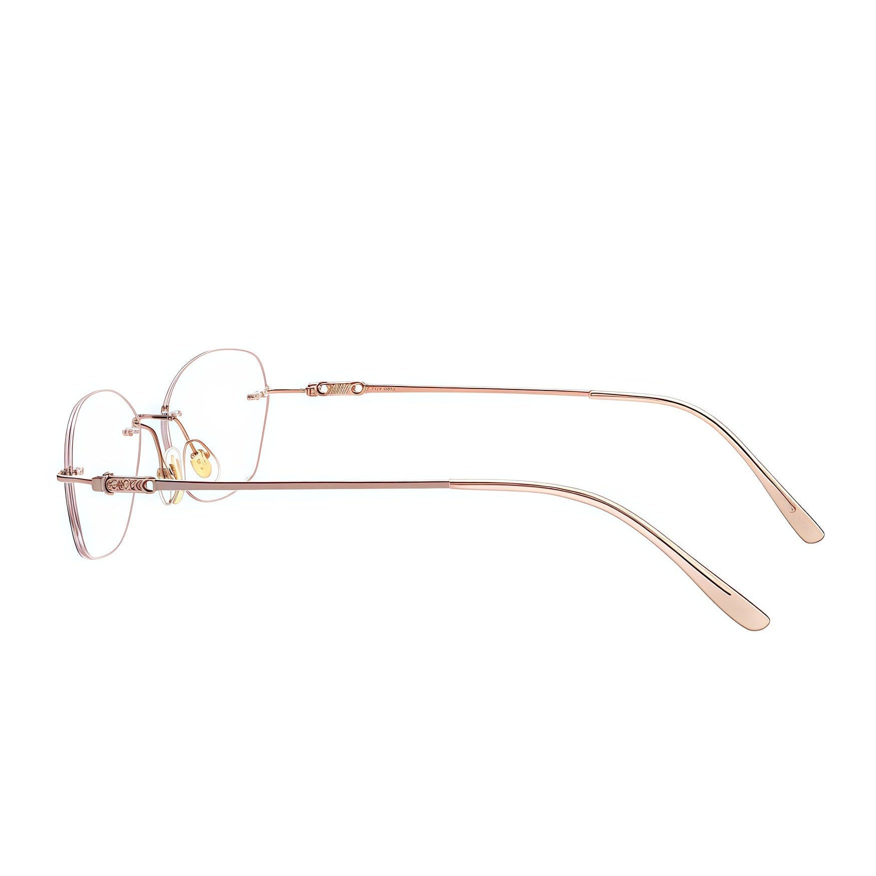 Gold women's half-titanium rimless rectangular glasses, side product view