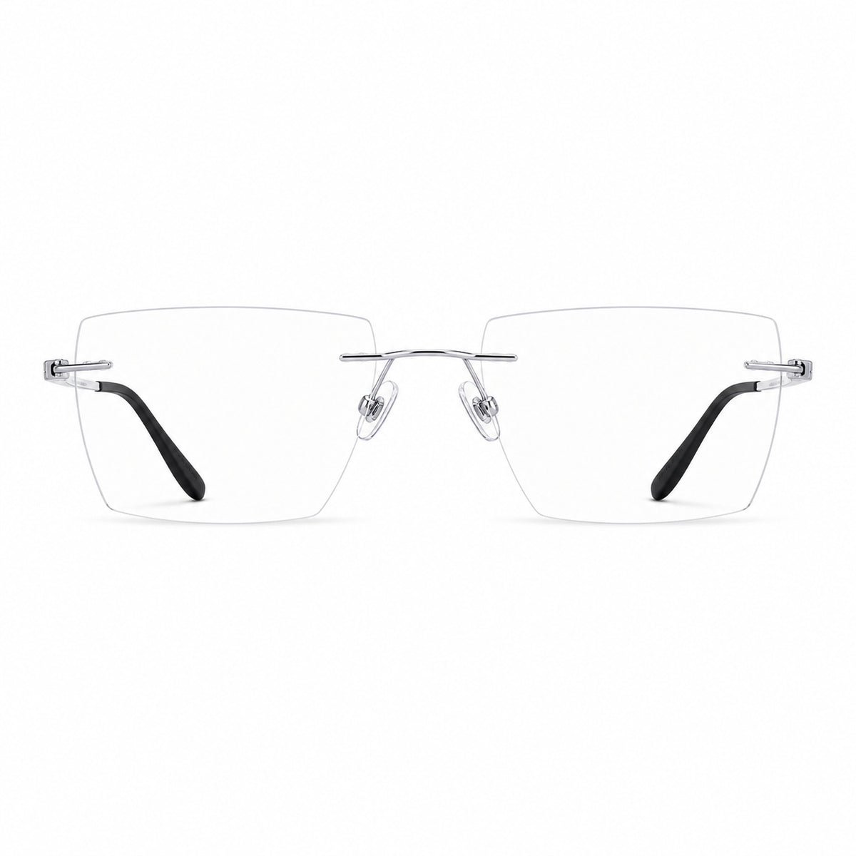 Silver men's half-titanium rimless rectangular glasses, front product view