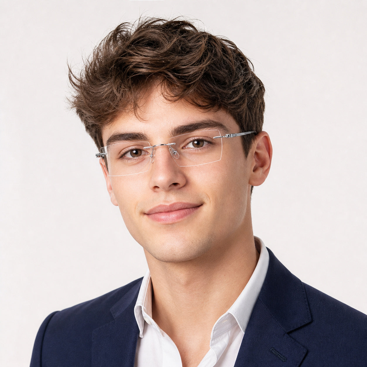 Silver rimless rectangular glasses worn by an attractive young adult White man in a bright studio