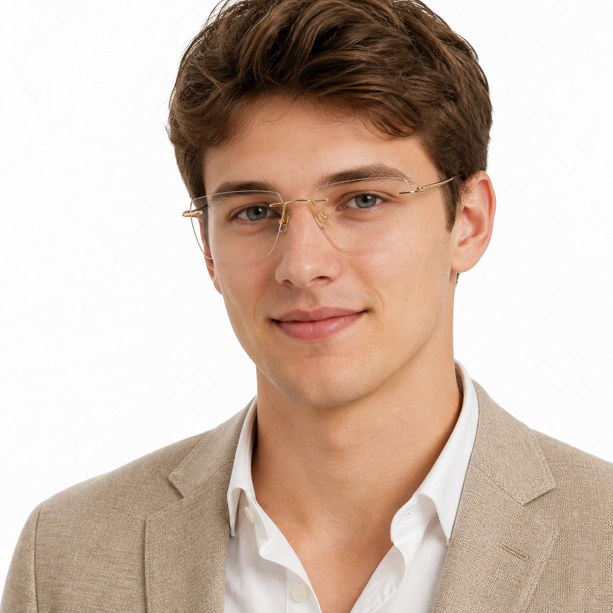 Gold men's titanium rimless rectangular glasses worn by an attractive young adult man in a beige business-casual jacket