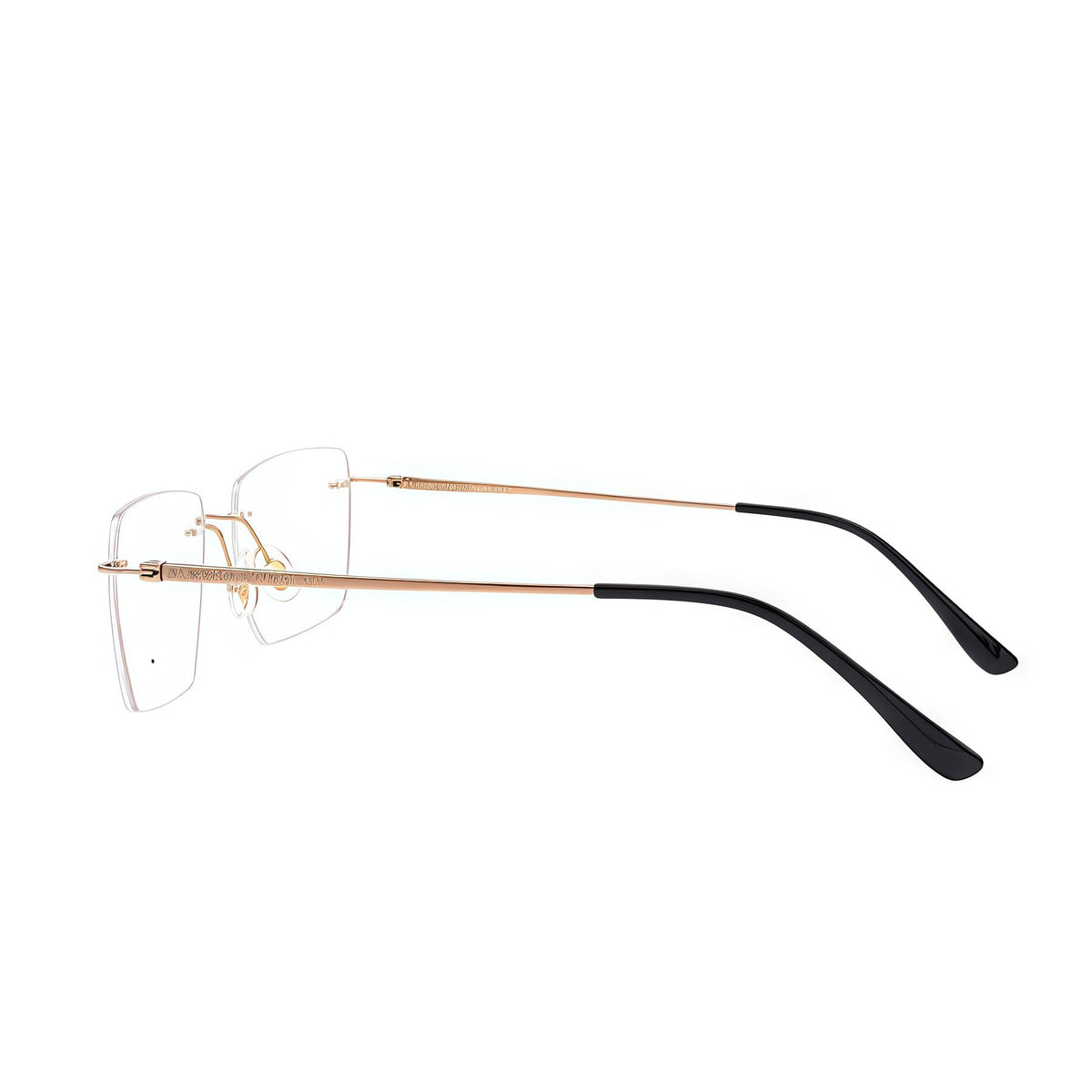 Gold men's titanium rimless rectangular glasses, side product view